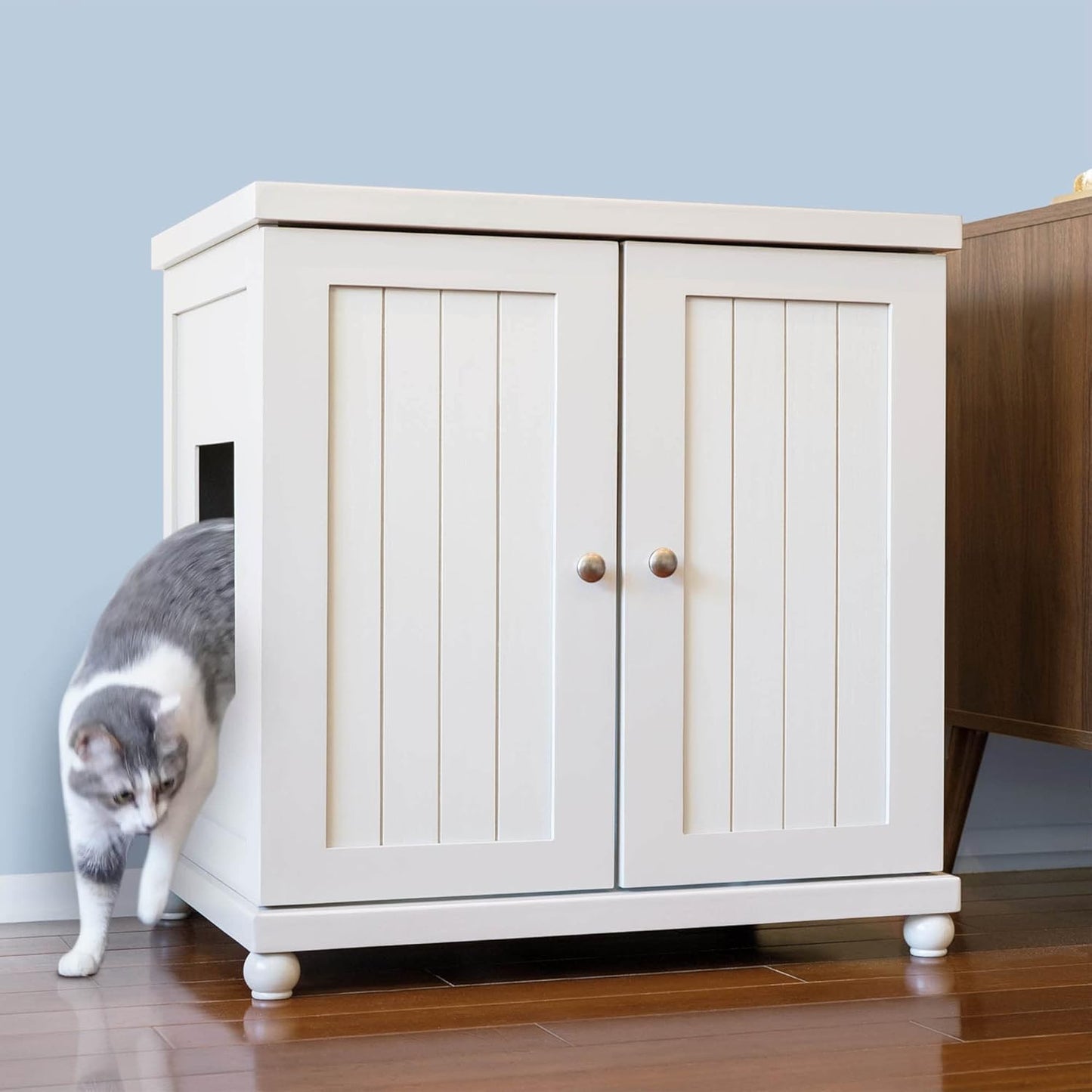 THE REFINED FELINE Cat Litter Box Enclosure Cabinet, Cottage, White, Round Feet, XLarge, Hidden Litter Cat Furniture with Drawer