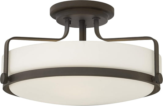 Hinkley Harper 3643OZ Large Semi-Flush Ceiling Light - Sleek, Retro Style - Oil Rubbed Bronze + Etched Opal Glass
