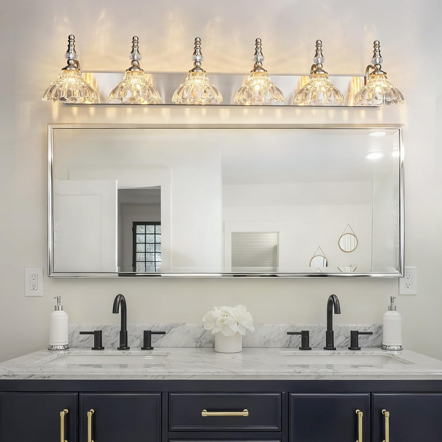 Vintage Bathroom Vanity Light, 6-Light Brushed Nickel Vanity Lighting Fixture with Flower Glass Shade, Bathroom Lighting Fixtures Over Mirror