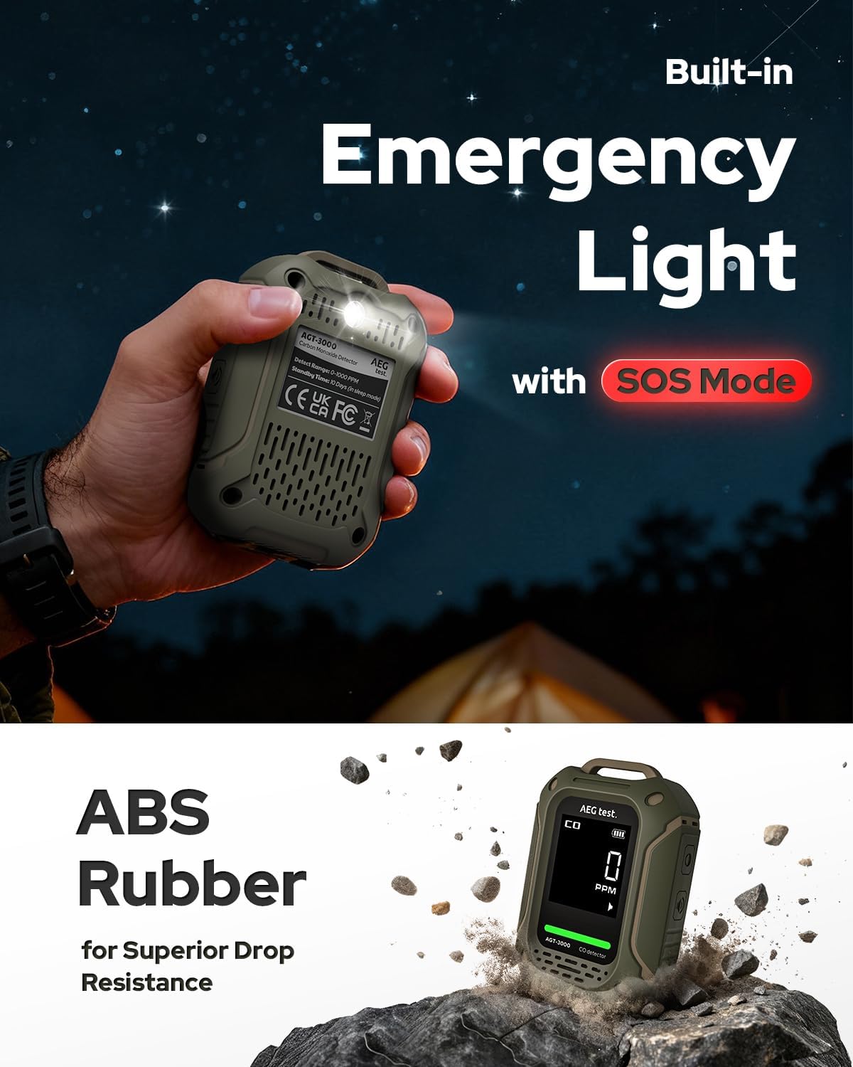 AGT-3000 Portable Carbon Monoxide Detector, 240H Standby, Upgraded CO Sensor for Travel, Rechargeable CO Detector with Audible & Visual Alerts, CO Meter for Camping, 0-1000ppm