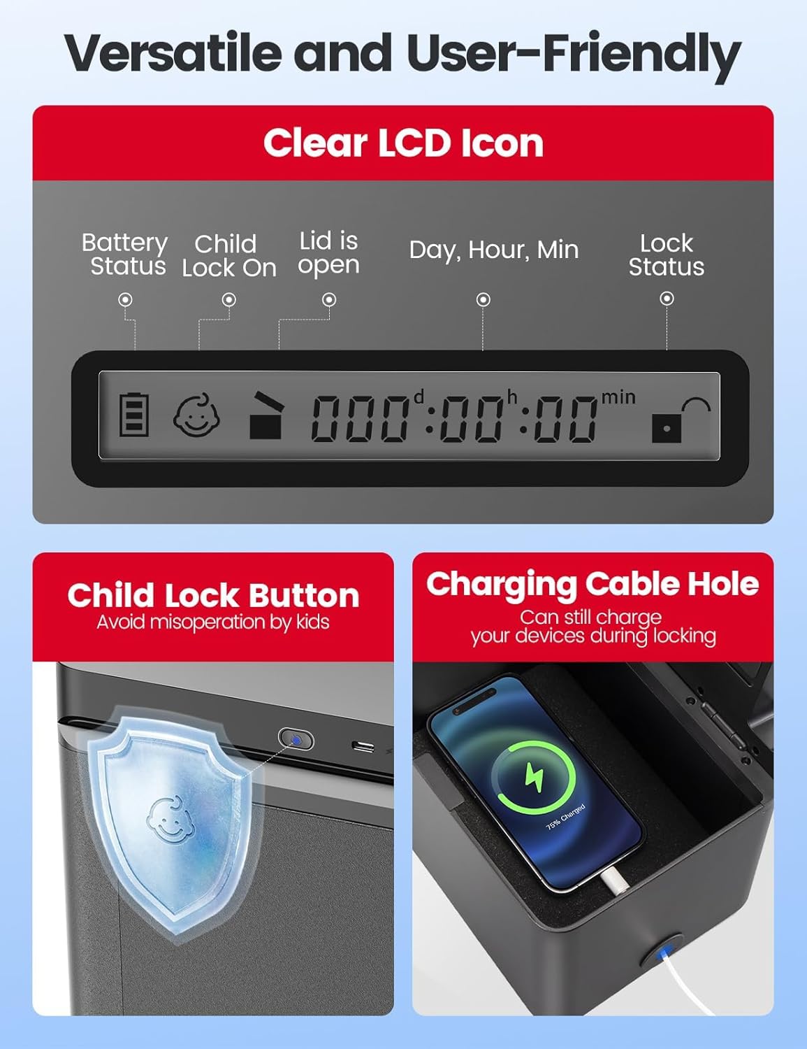 Vaydeer Metal Timed Lock Box, Phone Lockbox with Timer, Time Locking Safe, Self-Control Container with USB C Charge,Child Lock, Audio Prompt, Time Release Storage Locker for Phone/iPad Mini/Medicine