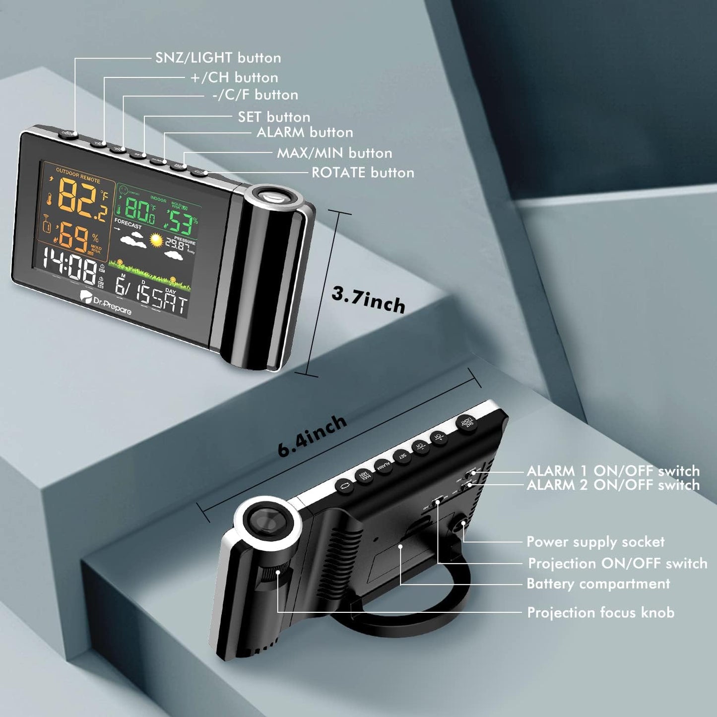 DR.PREPARE Projection Alarm Clock, Adjustable Projection Focus, Wireless Indoor Outdoor Temperature Humidity Monitor, 180° Projector, Snooze, Weather Forecast, Dual Alarms for Bedroom, Heavy Sleeper