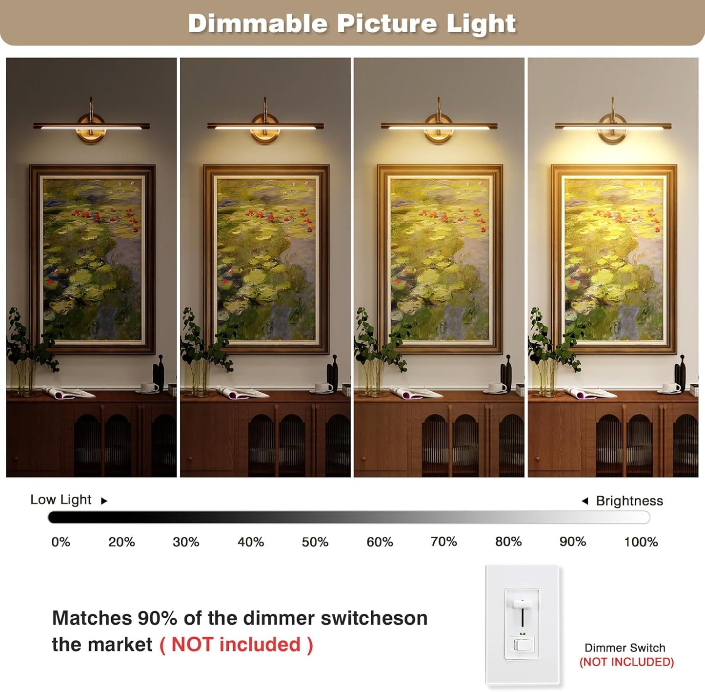 JOOSENLUX Dimmable Picture Lights - Modern 7W LED Wall Sconces for Paintings, 16.54" Long, 3000K Warm Light, Brass Golden Finish - Indoor Hallway Lighting Fixtures with Hard-Wired Connection