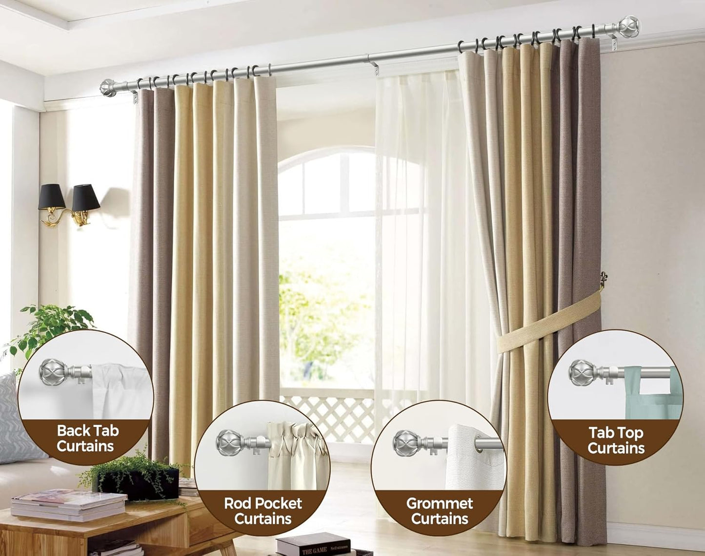 KAMANINA Curtain Rods for Windows 66 to 120 Inch, 7/8 Inch Antique Silver Heavy Duty Window Curtain Rod 32 to 120 (2.6-10ft), Adjustable Decorative Drapery Rods with Netted Texture End