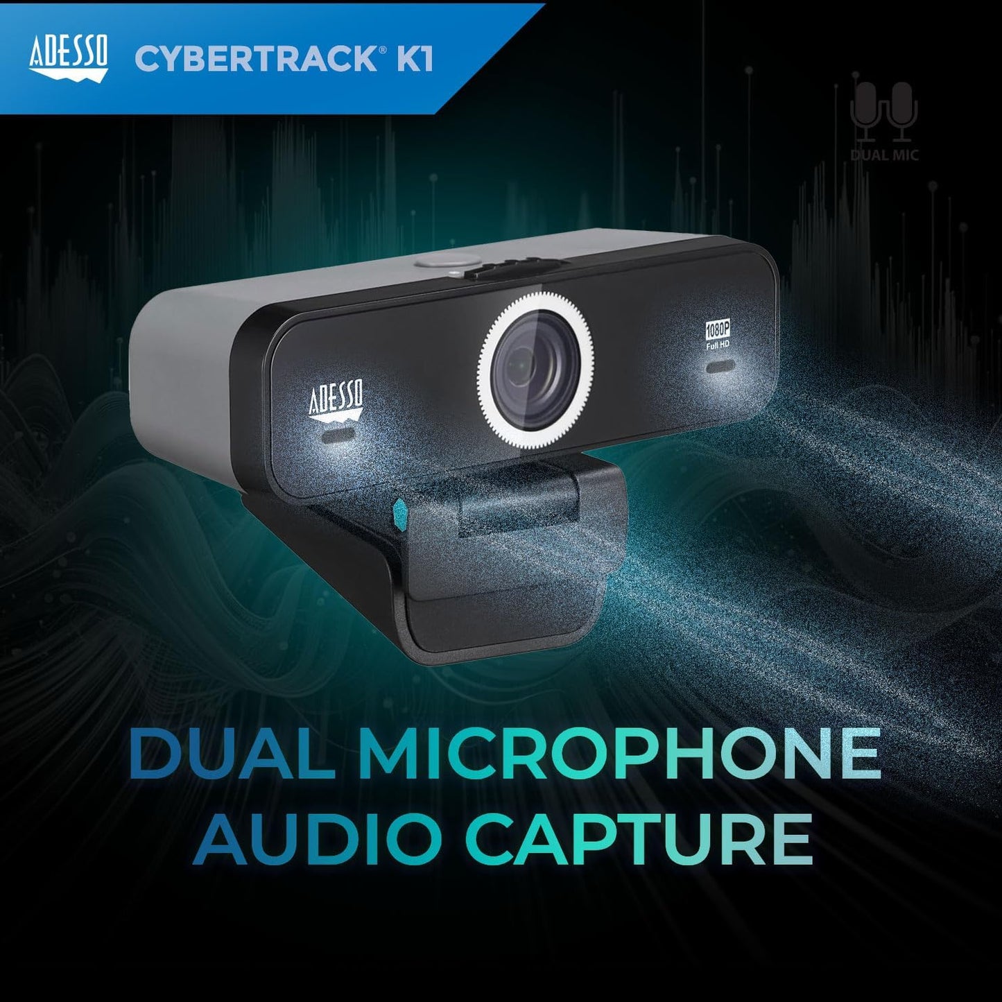 Adesso CyberTrack K1 1080P Full HD Fixed Focus USB Webcam with Adjustable View Angle Built-in Dual Microphones, Privacy Shutter, Audio/Video Mode Privacy ON/Off Switch & Tripod Mount