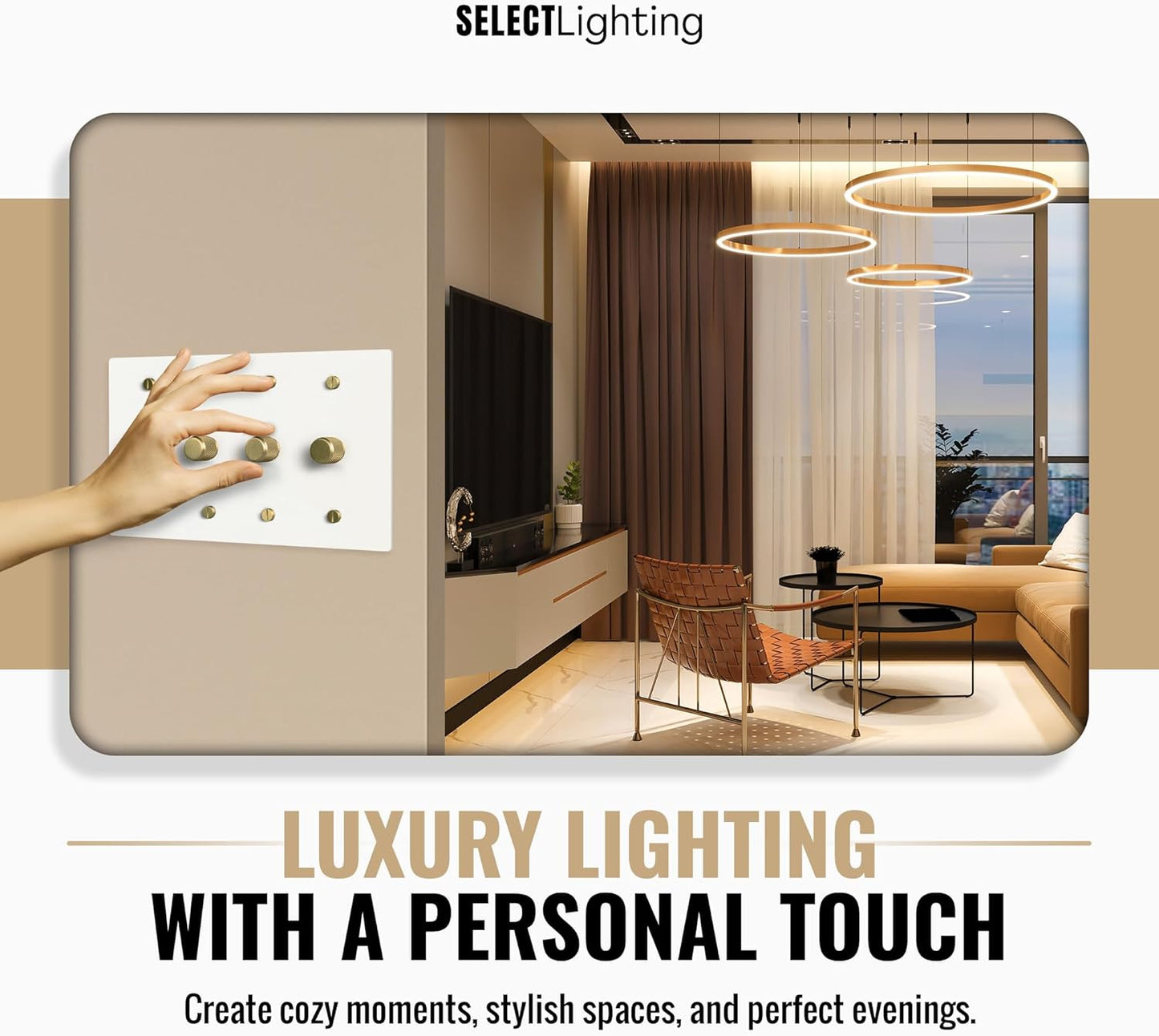 SELECT White Brass Dimmer Light Switch, 1 Way Rotary Dimmer, 4 Gang TRIAC/Leading Edge Dimmable LED Light Switch, 15A 120V AC with Brass Knob, Faceplate & Dimming Module, UL Listed