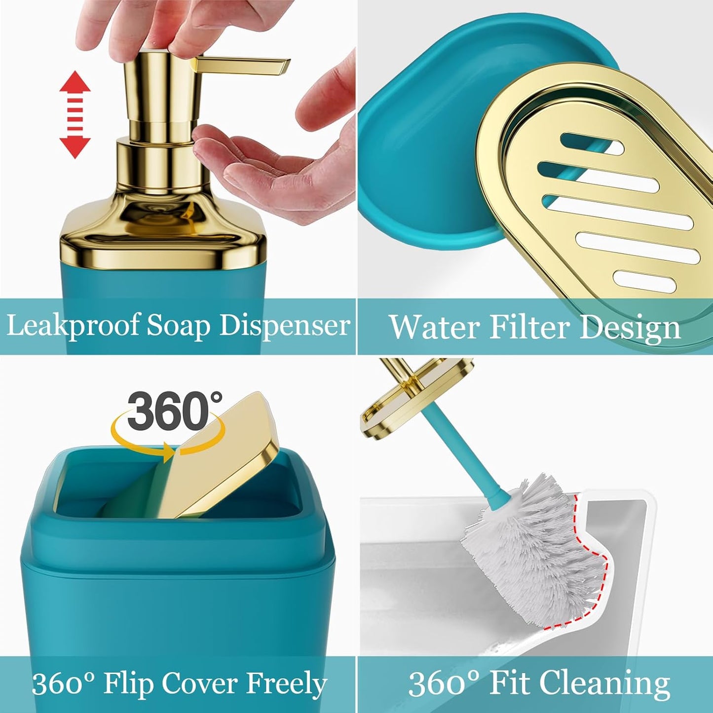 Bathroom Set - Teal Blue Bathroom Accessories Set, Bathroom Sets with Shower Curtain and Rugs, Teal Blue Shower Curtain Set with Bathroom Trash Can, Soap Dispenser, Soap Dish for Home Decor