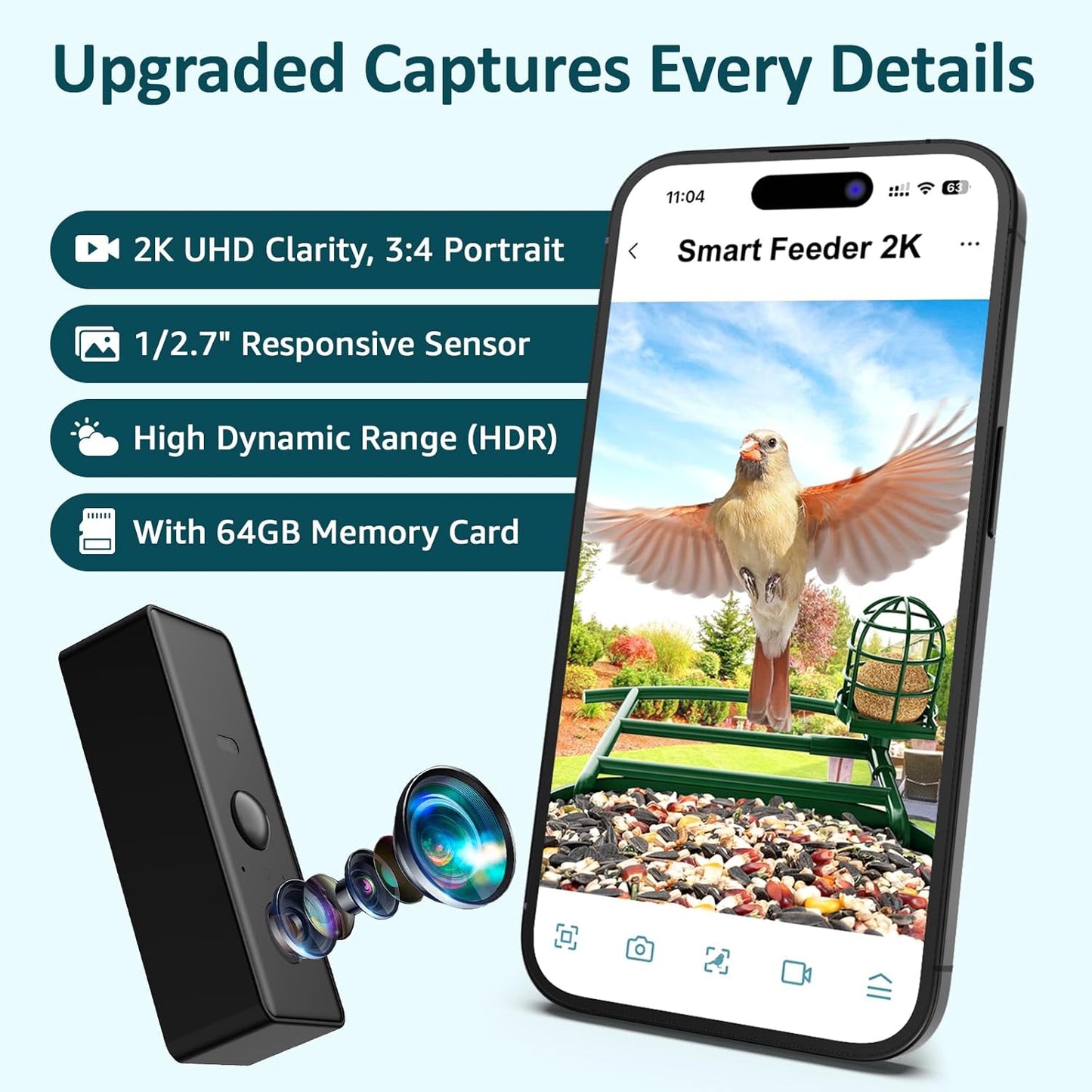 BIRDLEGEND-BL03 2L Large Bird Feeder with Camera Solar Powered, 2K Clarity 3:4 Portrait Free AI Identify Arrival Alerts with 64GB Card Smart Cameras Birds Feeders Wireless Outdoor Gift for Bird Lover