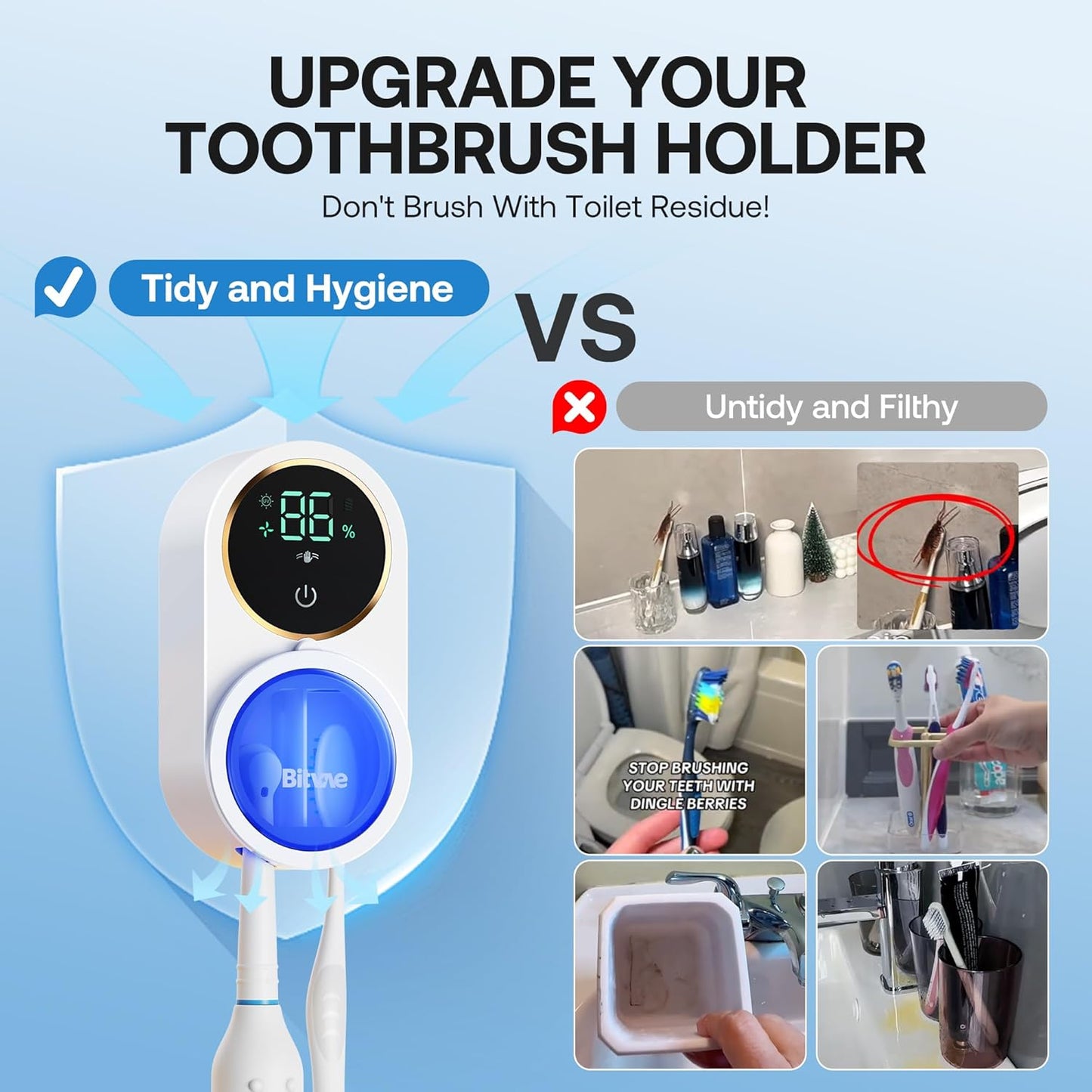 Bitvae Tooth Brush Holder for Bathroom, Infrared Sensing Toothbrush Cleaner, Wall-Mounted for Most Size Toothbrushes, Air Drying, LED Smart Screen, White Gold Trim