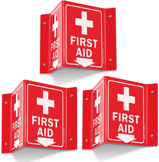 Faittoo First Aid Sign, 3 Pack First Aid with Cross Symbol - 6 x 8 Inches V-Shaped Acrylic Plastic, 4 Pre-Drilled Holes, Includes Matching Screws, Use for Home Office/Business
