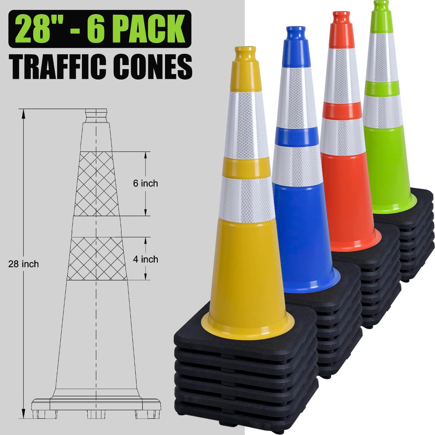 6 Pack 28" Inch Large PVC Traffic Cones with Heavy-Duty Black Base, High-Visibility All-Weather Safety Cones for Road Construction, Parking Lot, Garage Use (6, Green, 28" Large)