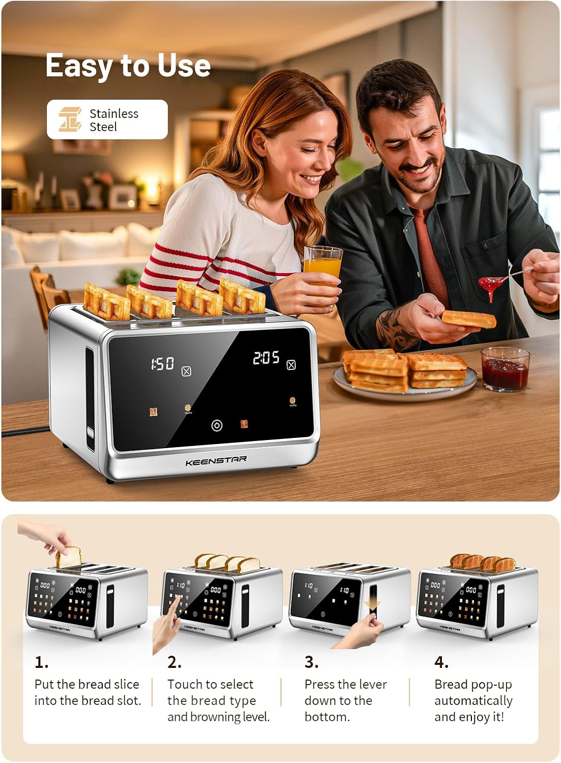 4 Slice Toaster with Touch Screen, Stainless Steel Smart Bread Toaster, 1.5" Wide Slots, 6 Shade Settings & 6 Bread Types for Bagels, Timer, Single Slice Toasting, Reheat, Defrost, 1800W