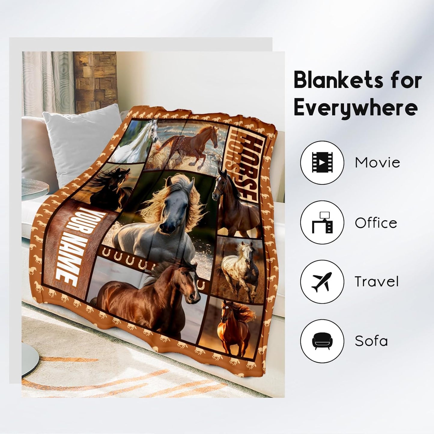 Custom Girls Blanket, Personalized Horse Gifts for Girl Ages 8-12 10-12, 30"x40" Kids Throw Blankets for Adults Women, Cowgirl Room Decor Western Throws for Animal Lovers