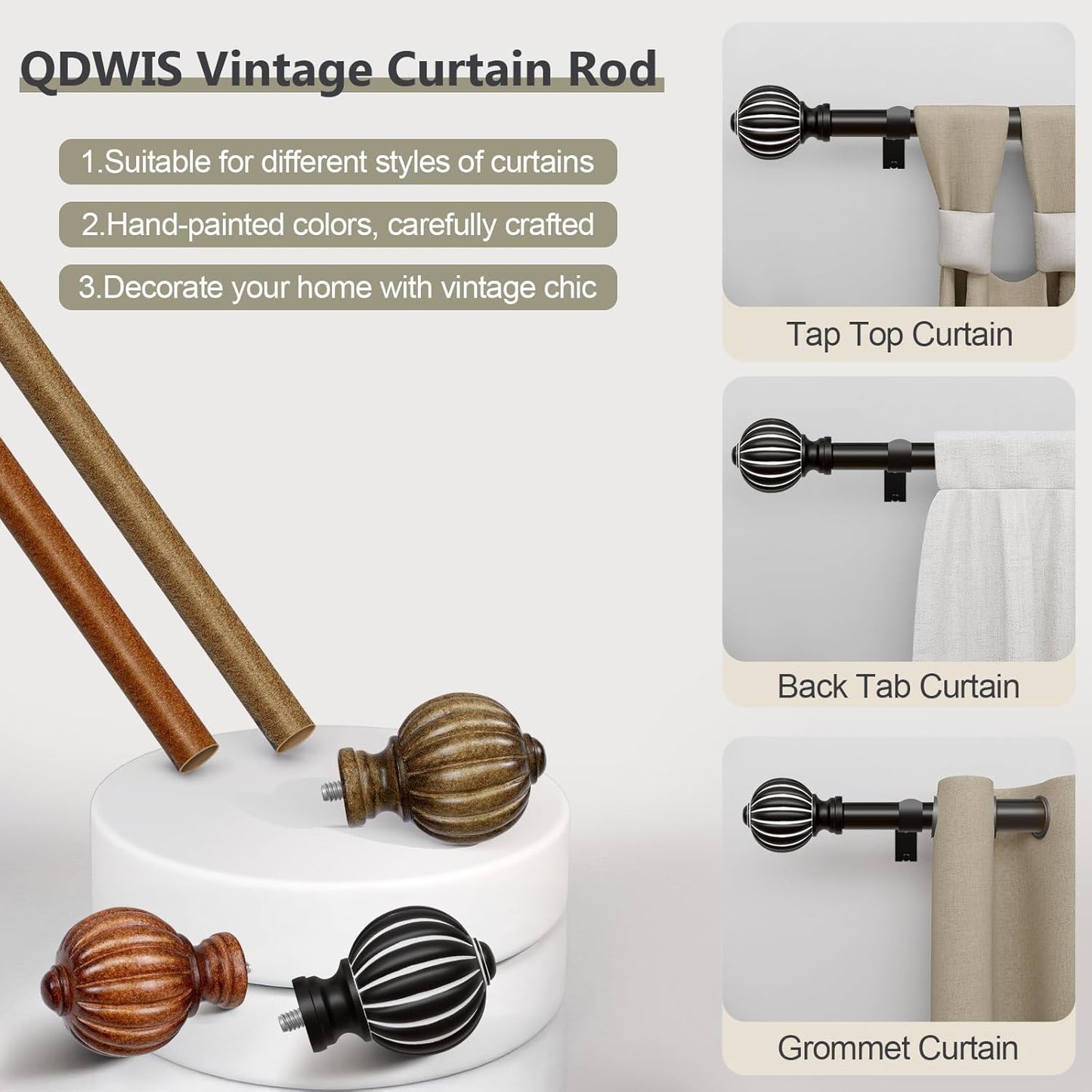 2 Pack Black Curtain Rods for Windows 48 to 84 Inch, 1'' Adjustable Heavy Duty Curtain Rod，Vintage Decorative Drapery Rods with Pumpkin Finials for Bedroom Living Room