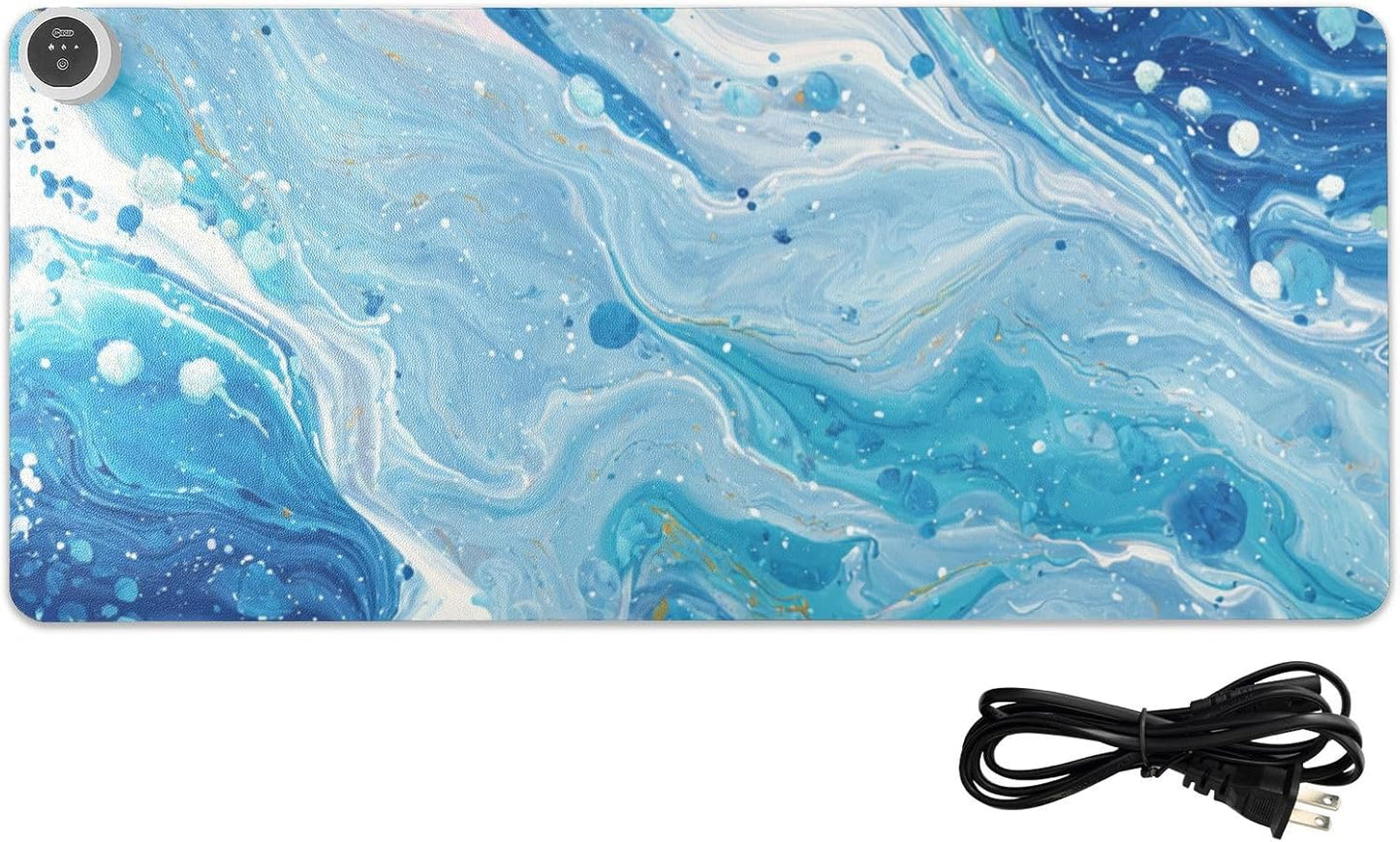 Heated Desk Pad Mouse Pad 31.5x13 Inch PU Leather Desk Mat with 3 Heat Levels Large Mouse Gaming Computer Laptop Mat Blue and White Marble Spots