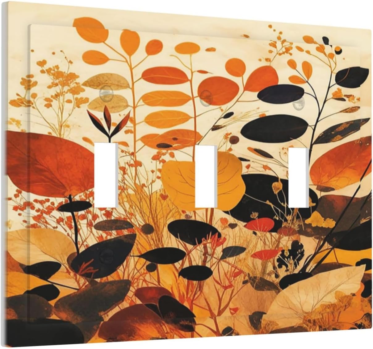 Decorative Switch Plates Boho Warm Colorful Plant Leaves 3 Gang Wall Plate Faceplate Triple Toggle Light Switch Cover Electrical Wall Panels for Bedroom living Room Decor