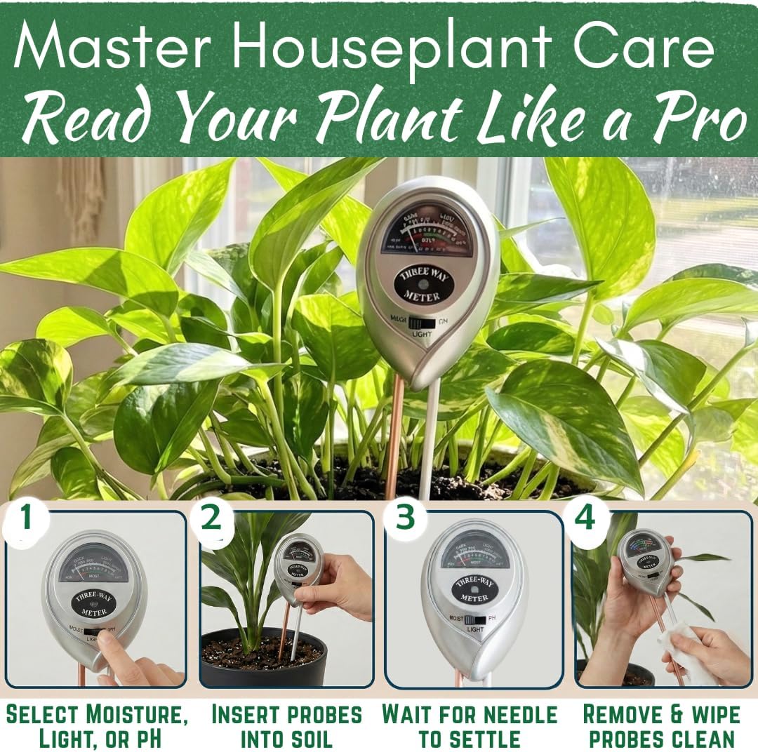 Houseplant Health Meter – 3-in-1 Tool to Prevent Overwatering, Root Rot & Leaf Burn | Test Soil Moisture, Sunlight & pH | Simple, Easy, Battery-Free | Suitable for Indoor, Outdoor & Potted Plants