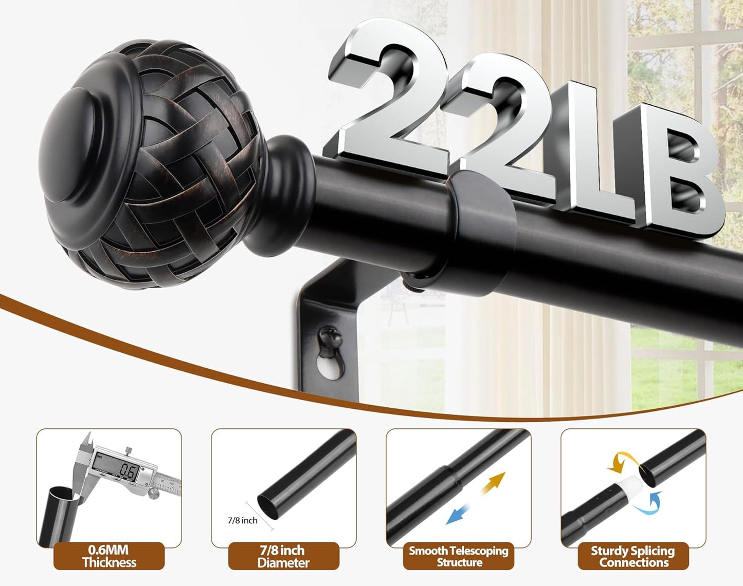 TONIAL Black Curtain Rod 32 to 144 Inches, 7/8 Adjustable Curtain Rods for Windows 20 to 144 Inches, Splicing Drapery Rods Heavy duty with Netted Texture Finials
