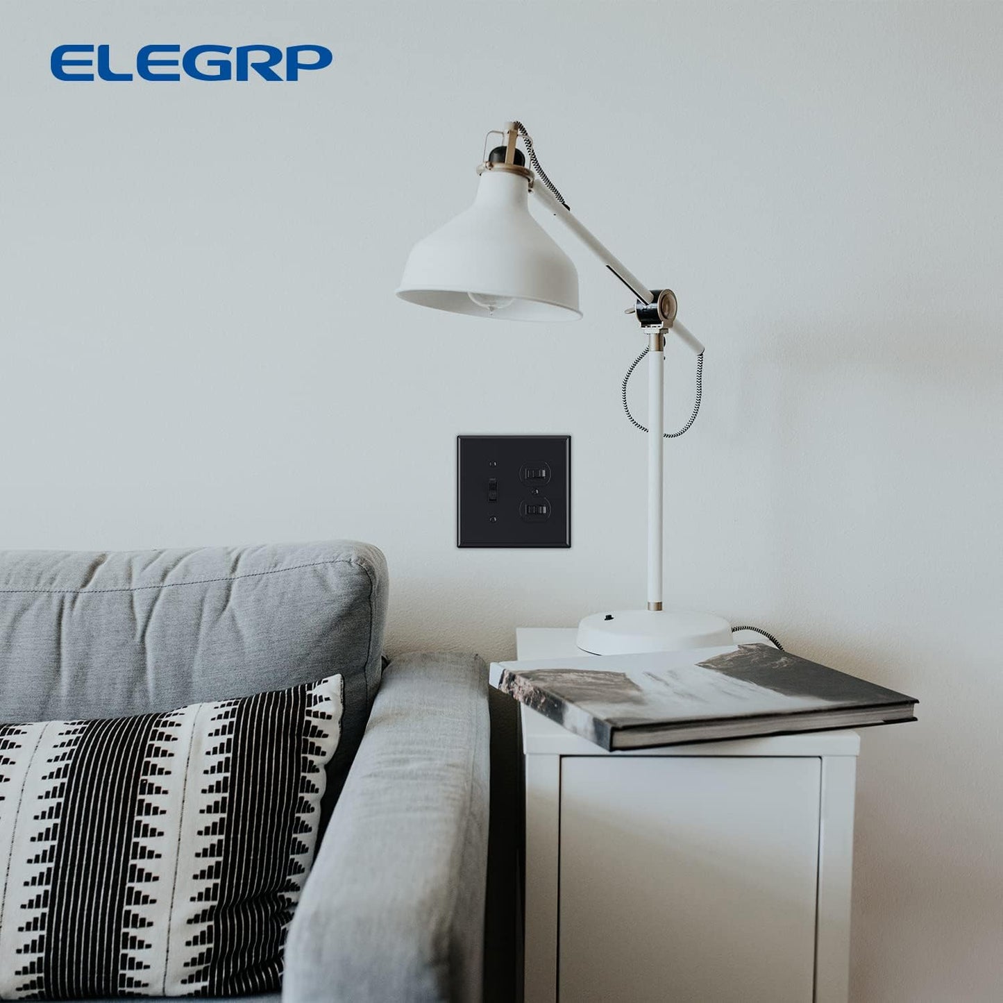 Combination Wall Plate ELEGRP 1-Toggle Light Switch 1-Duplex Receptacle Outlet Combination Wall Plate Cover, Mid-Size 4.88" x 4.94" Unbreakable Thermoplastic Faceplate Cover, UL Listed (2 Pack, black)