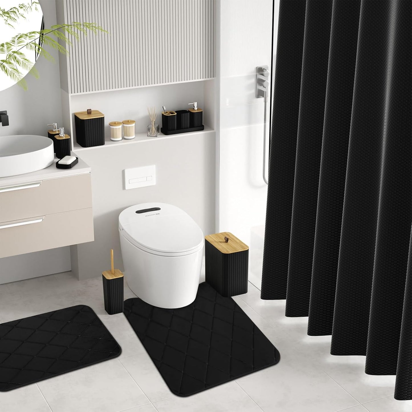Bathroom Accessory Set - Black Bathroom Set, 27PC Bathroom Accessories Set, Bathroom Sets with Shower Curtain and Rugs, Mini Trash Can, Toilet Brush, Trash Can & Soap Dispenser