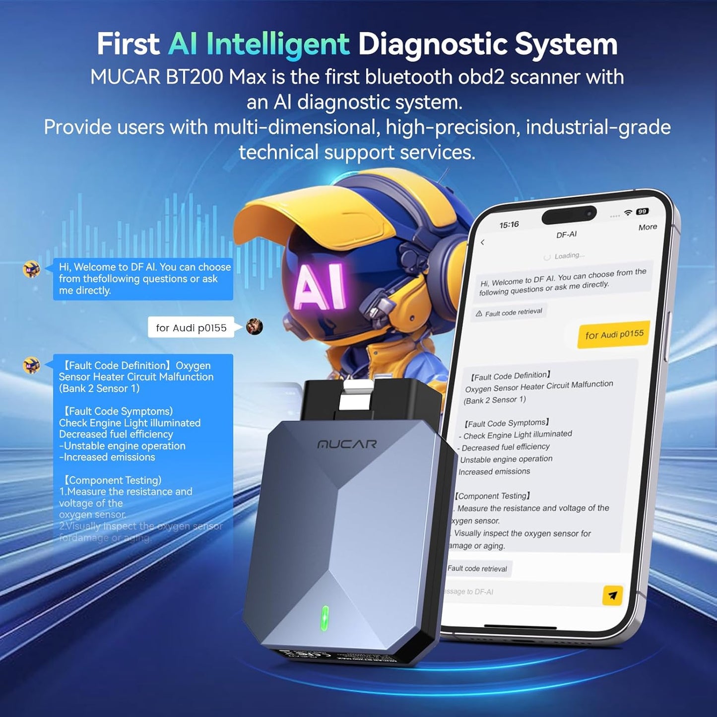 MUCAR AI-Assisted OBD2 Scanner Bluetooth Lifetime Update Sup ELM327, BT200 MAX OBD2 Diagnostic Tool All System Diagnostic Tool with 15 Resets for iOS & Android, CANFD Protocol, Autoauth for FCA SGW
