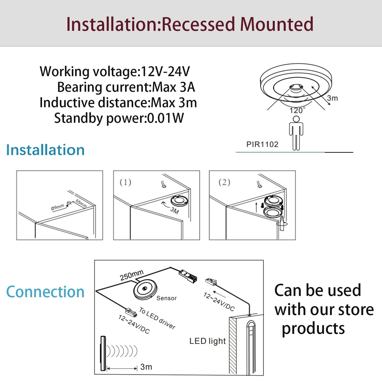 VST Motion Sensor Light Switch, IR Sensor, Led Light Automatic Door Switch for Closet Light Under Cabinets Counters Wardrobes with 12V JST Male and Female Connector (DC 12/24V)