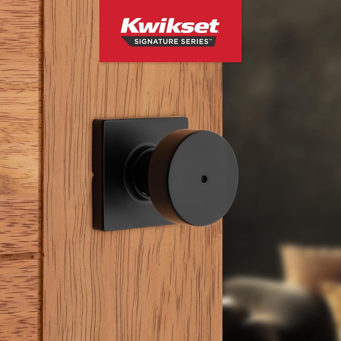 Kwikset Pismo Interior Privacy Door Knob with Lock, Door Handle for Bathroom and Bedroom, Matte Black Keyless Turn Lock Doorknob, with Microban Protection, Square Rose (Pack of 10)