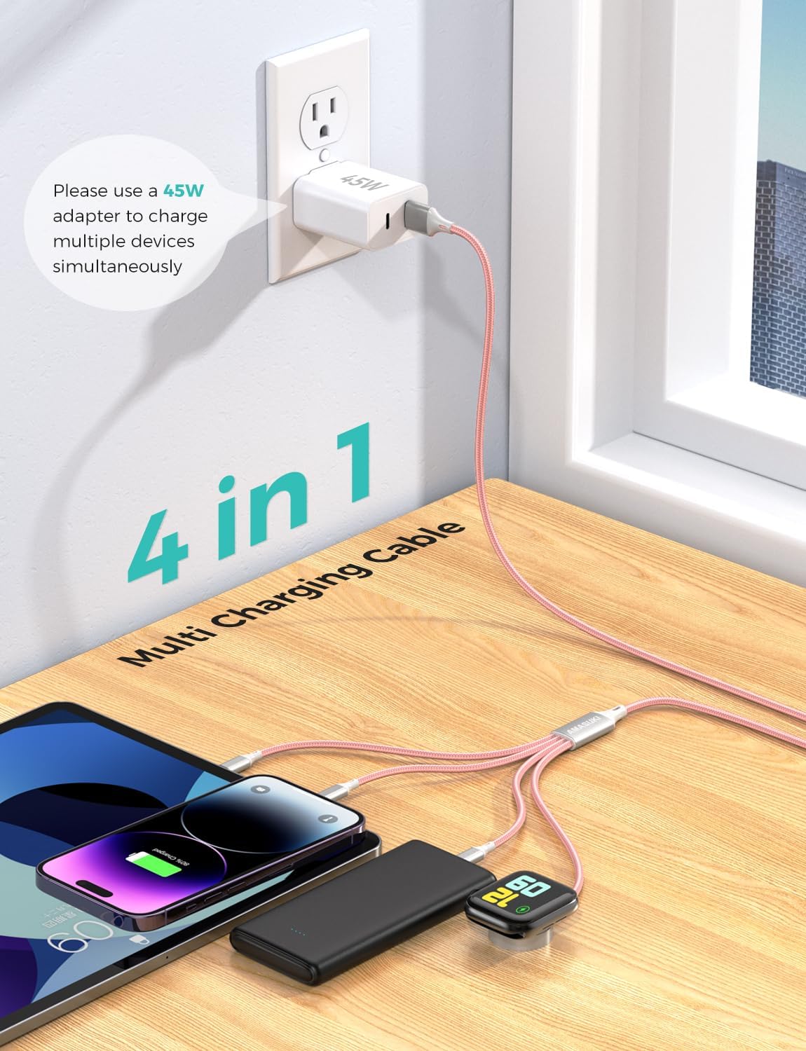 2Pack Multi Charging Cable for Apple Watch Charger 4 in 1 Travel Essentials RV Camping Essentials USB C/L/Micro Compatible with iWatch Series 11-1/iPhone 17/16/15/Android Airplane Gadgets-4FT/Pink