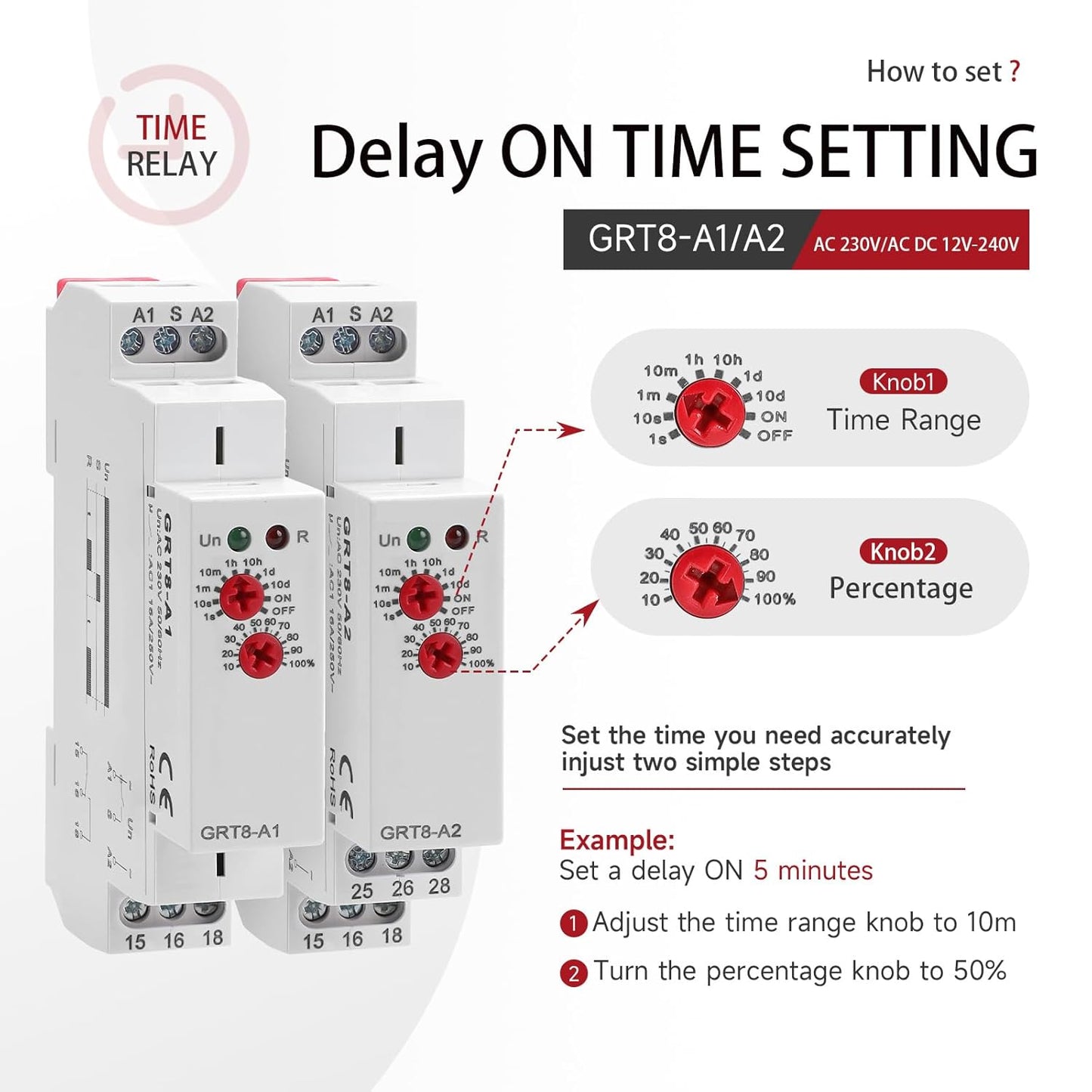 Time Relay GRT8-A2 Delay On Timer Switch, 16A 230V Adjustable Timer Relay in Din Rail for Industrial Grade Waterproof and Dustproof Design
