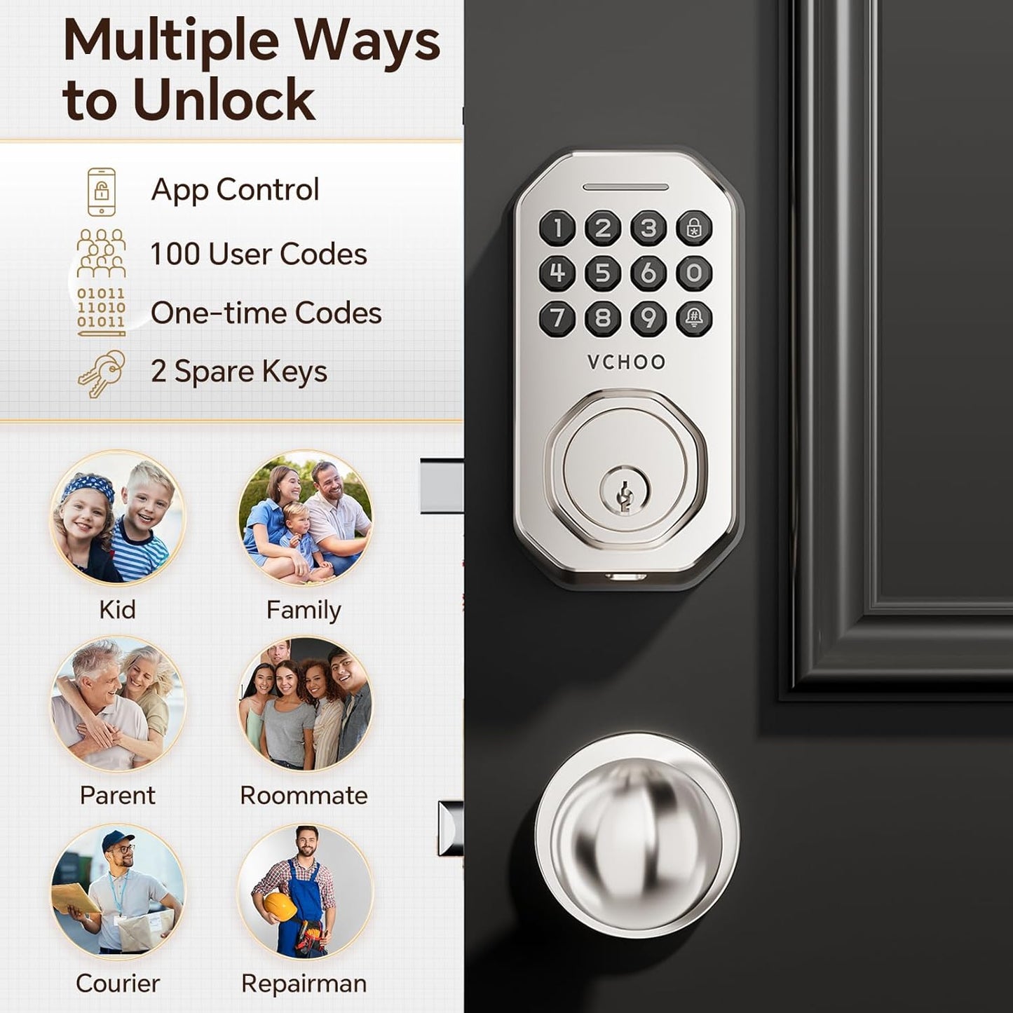 Keyless Entry Door Lock Set Smart Locks for Front Keypad Door Lock with Handle Automatic Lock One Time Password Anti Peeping Password IP54, Satin Nickel