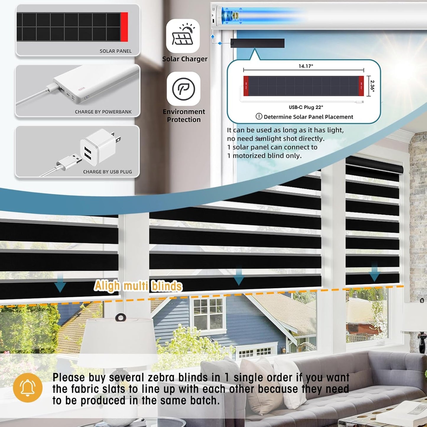 SmartWings Motorized Zebra Shades with Valance Work with Homekit Thread Alexa Z-Wave Smart Dual Layer Shades with Remote Control, Automatic Horizontal Window Blind, 90% Blackout 95mm Astrid Black
