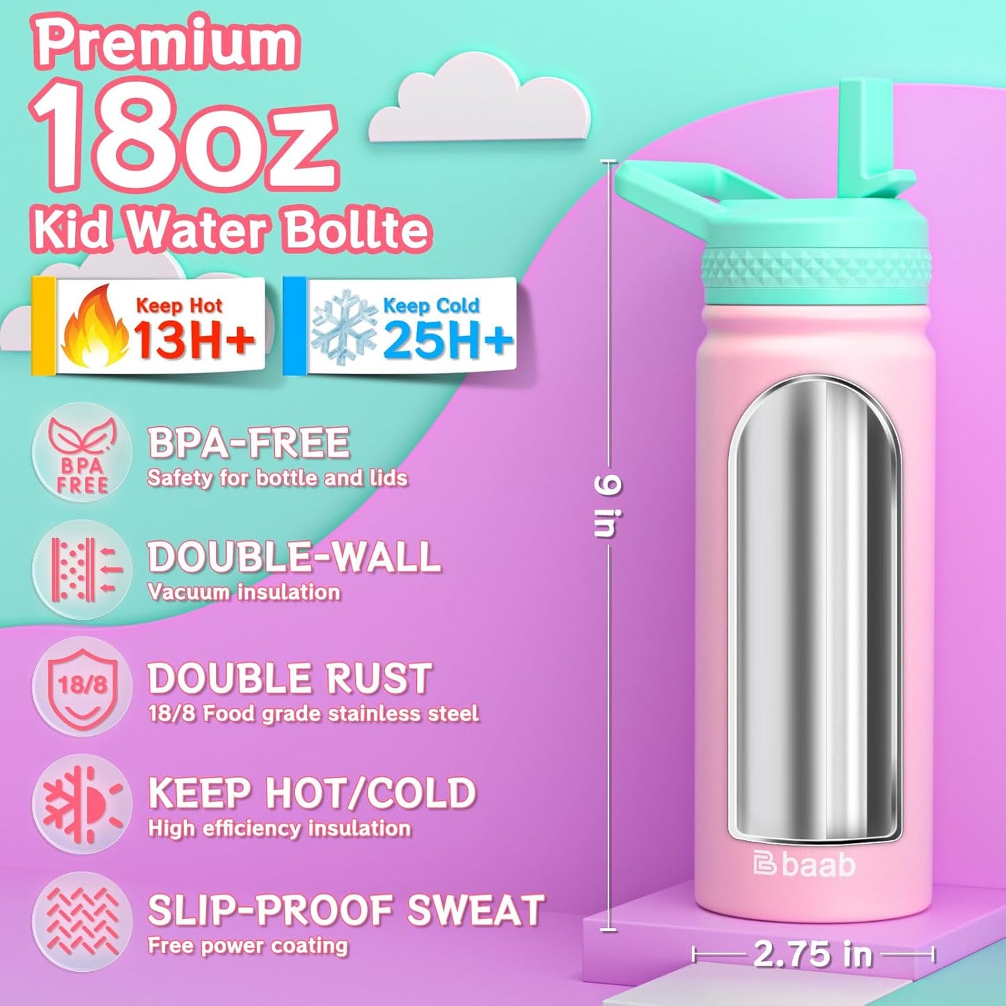 baab 18oz Kids Water Bottle, Insulated Water Bottle with Straw & Stickers, 18/8 Stainless Steel Vacuum Leakproof Kids Water Straw Cup for School, Perfect for Boy Girl (Pink+Purple, 2 Pack)