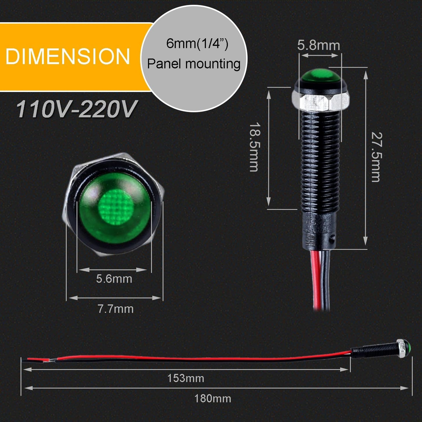 5pcs 6mm LED Indicator Light Plastic Black Signal Dot Lamp 110-220VAC 1/4" Mounting Hole Size with 15cm/5.9in. Wire (Green LED)
