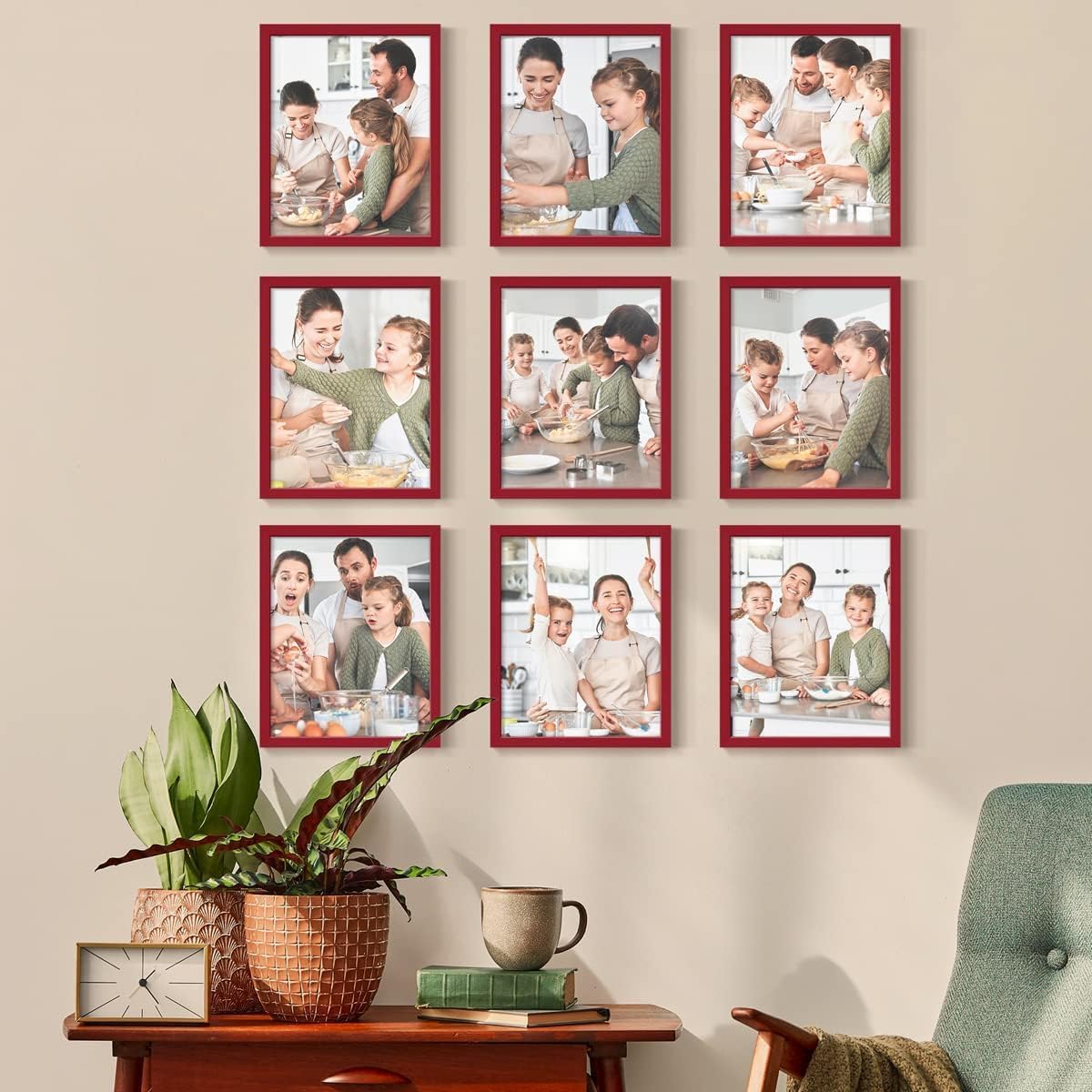 Renditions Gallery Set of 9, 11X14 Custom Photo Prints with Real Wood Picture Frames. Create Personalized Photos with Peel & Stick Photo Frames. Red Frame