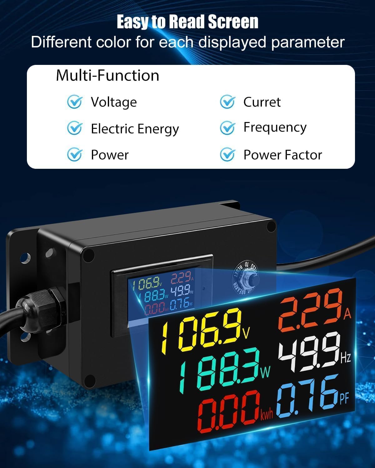 20A 125V AC Power Meter, NEMA 5-15P to NEMA 5-20R Outlet Monitor, Multifunction Energy Monitor Voltage Current Frequency Power Factor, LCD Display Digital Multimeter Tester