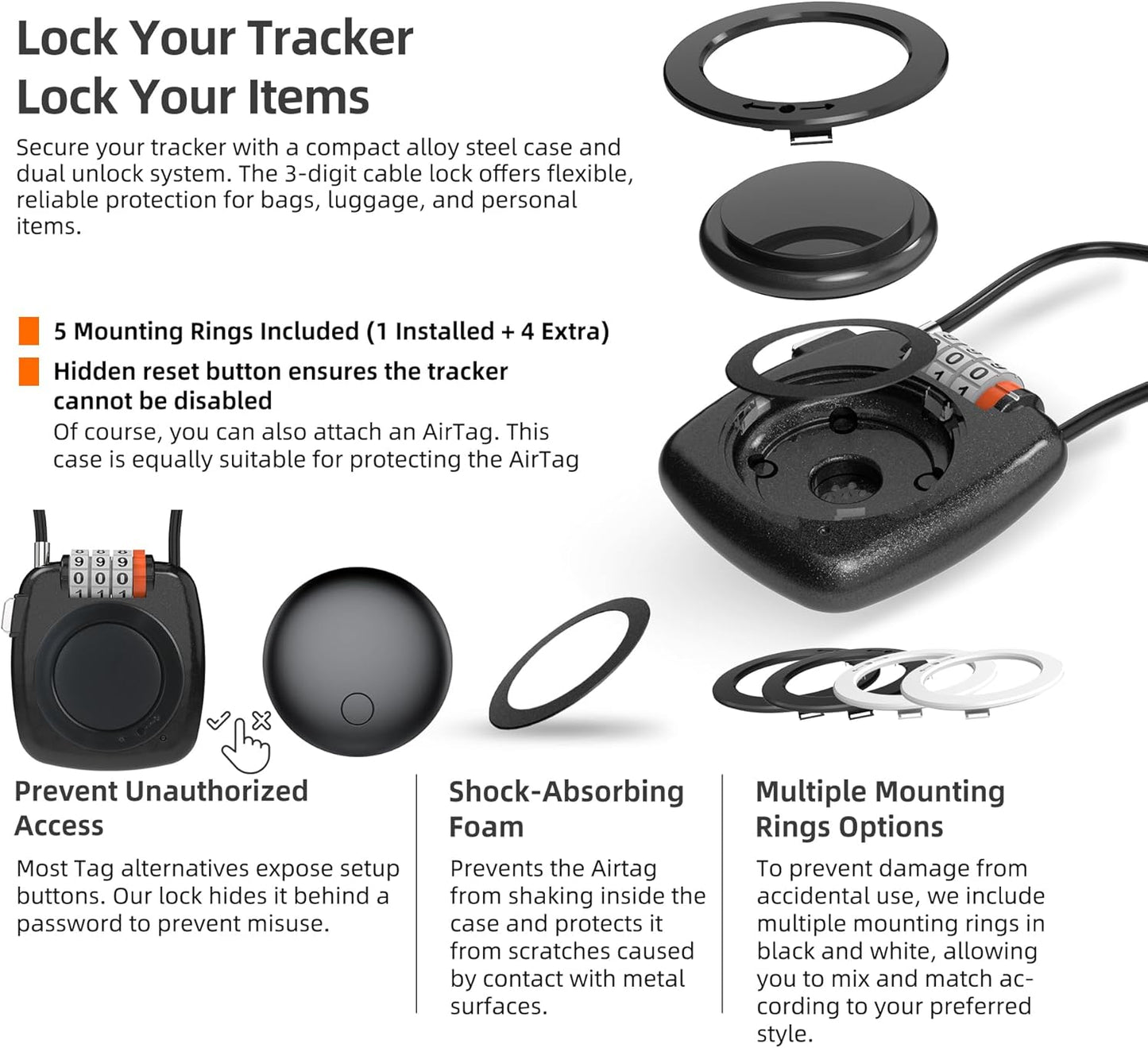 [Apple MFi Certified] iOS Tracker Tag & Holder with Combination Lock, Compatible with Apple Find My, AirTag Holder Case, GPS Tracker Luggage Lock for Travel Essentials, Suitcase, Backpack, Kids, Bag