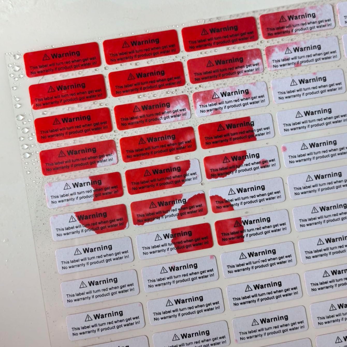 170pcs1.2x0.4 inch Water Sensitive Sticker Turn Red When Got Wet Device Potential Damage Indicator Warranty Void Instruction Liquid Sensor Label