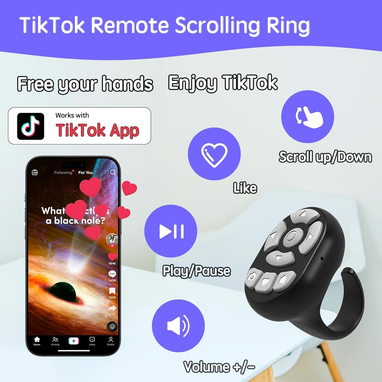 TikTok Scrolling Ring Microphone Remote Control,Fingertip Wireless Bluetooth Remote Control;for iPhone,Google Pixel,Samsung Phone (Black)