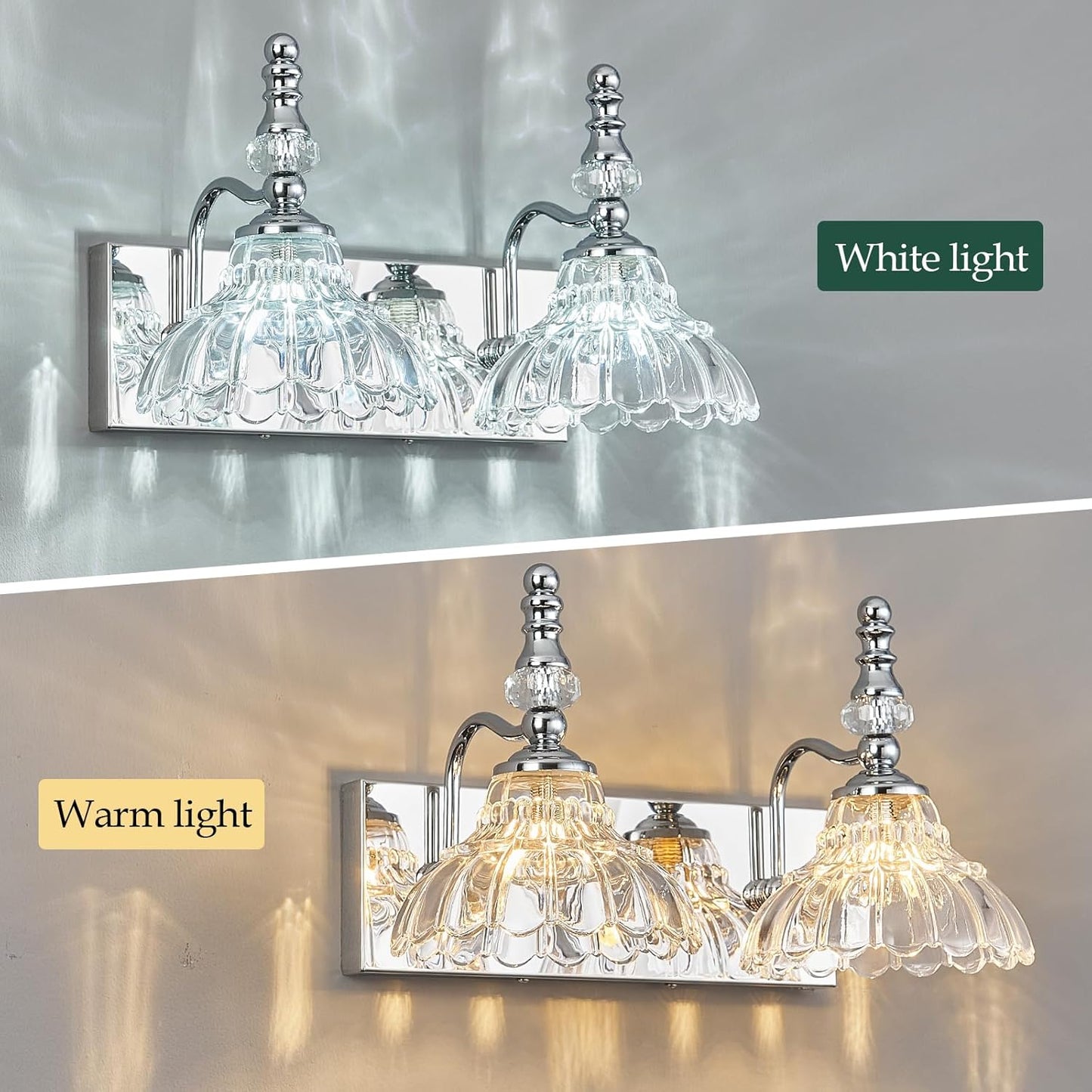 Vintage Bathroom Vanity Light, 2-Light Chrome Vanity Lighting Fixture with Flower Glass Shade, Bathroom Lighting Fixtures Over Mirror