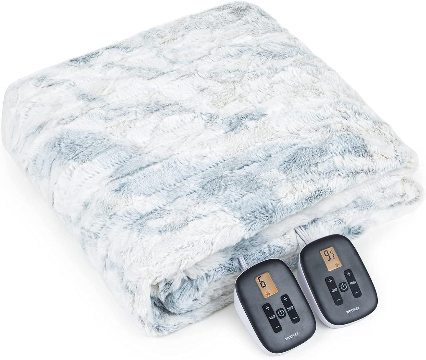 WOOMER Heated Blanket Queen Size 84" x 90", Electric Blanket with Dual Controllers, 0.5-12 Hours Timer & 10 Heating Levels, ETL Certified, Marble Blue Double-Sided Faux Fur, Machine Washable