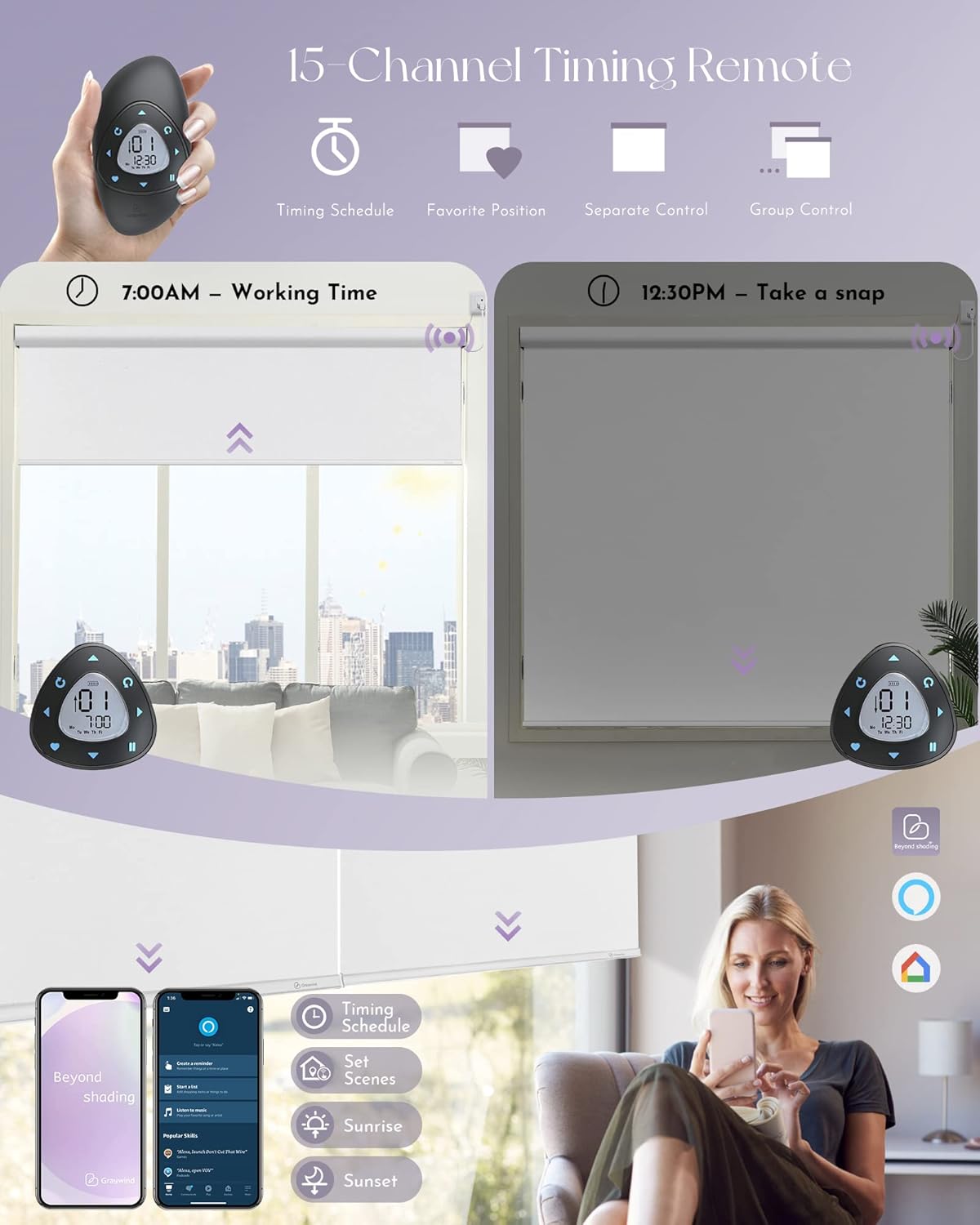 Graywind Motorized Shades 100% Blackout Compatible with Alexa Google WiFi Smart Hardwired Window Shade Remote Control Thermal Insulated Electric Blinds, Customized Size (WhiteSmoke)