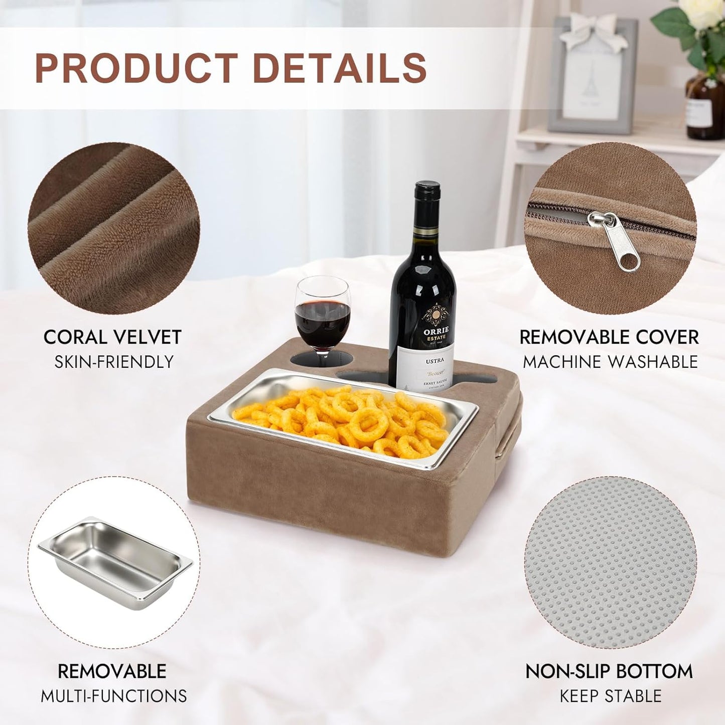 Couch Cup Holder, Couch Caddy, Couch Drink Holder, Bed Cup Tray, Sofa Cup Holder Remotes Holder for Cups, Headphones, Snacks and Phones, Use it on Car, Pack, Beach, RV, and More(Lightbrown)