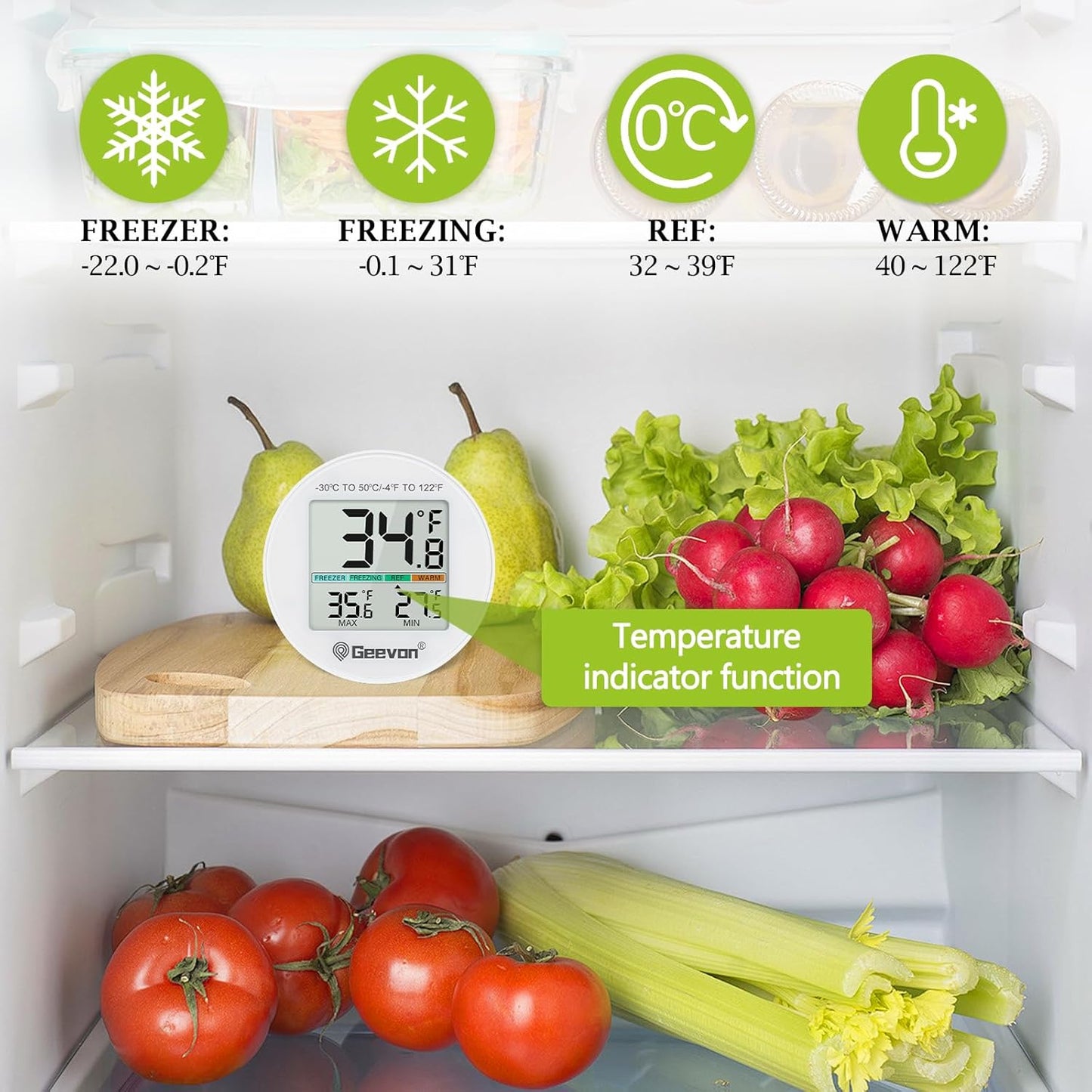 Geevon Small Digital Refrigerator Thermometer 2 Pack, IP65 Waterproof Commercial and Home Use, Max/Min Record Function with LCD Screen, Stand and Magnetic Back, for Fridge, Freezer Scenarios