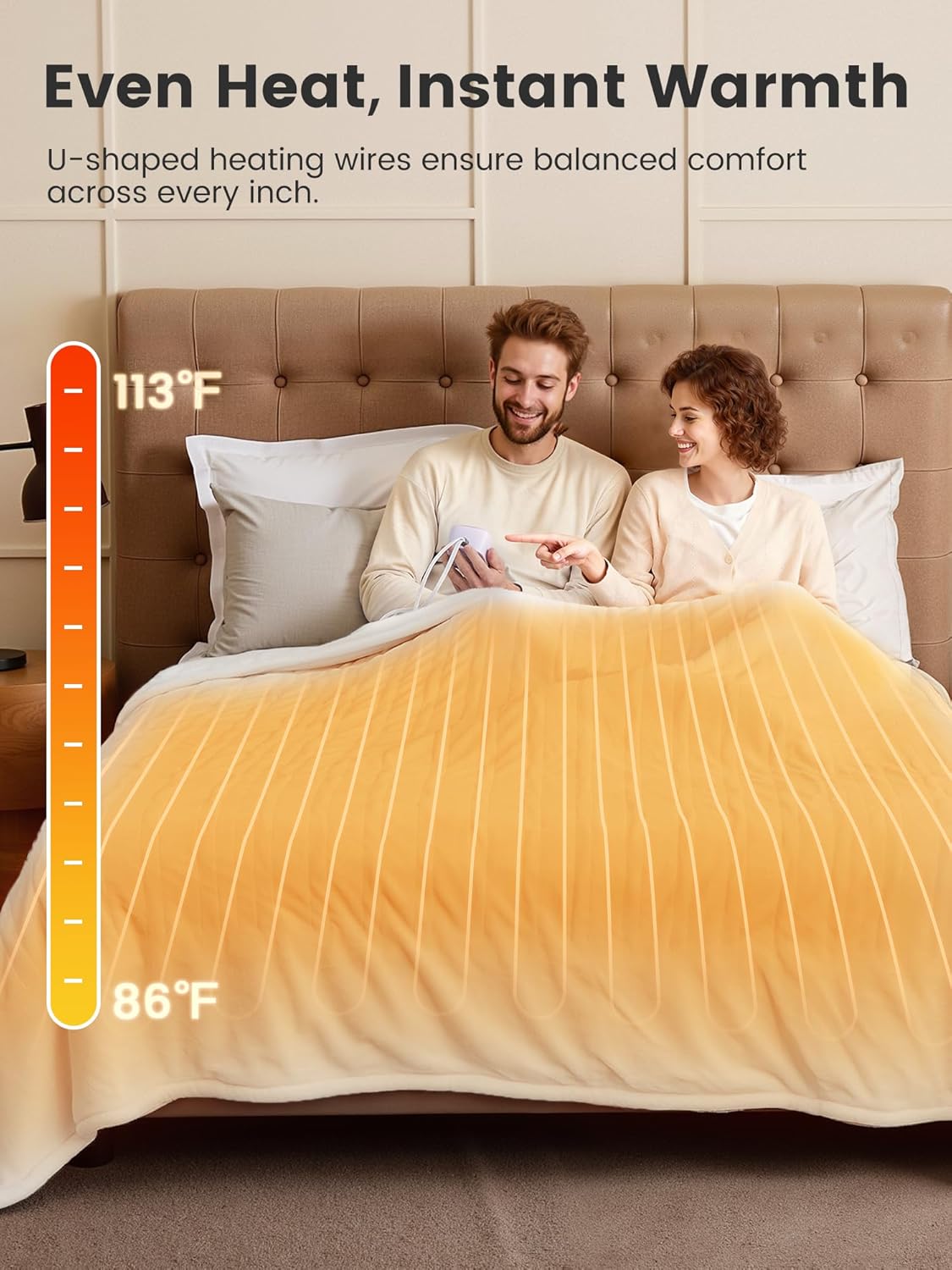 WOOMER Heated Blanket Twin Size 62" x 84", Electric Blanket with 0.5-12 Hours Timer & 10 Heating Levels, ETL Certified, White Double-Sided Velvet, Over-Heat Protect, Machine Washable