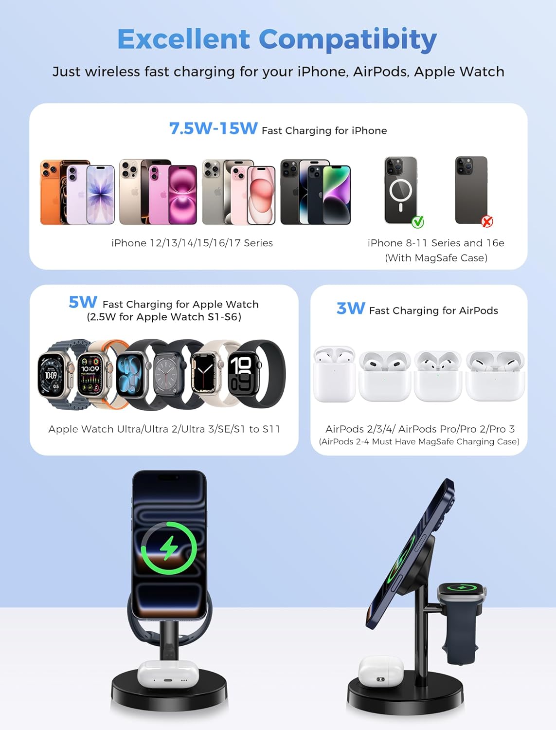 2025 3 in 1 Wireless Charging Station Compatible with MagSafe Charger Stand, 15W Fast Magnetic Mag-Safe Charger for iPhone 17 16 15 14 13 12 Series Apple iWatch AirPods Pro 4 3 2, Black