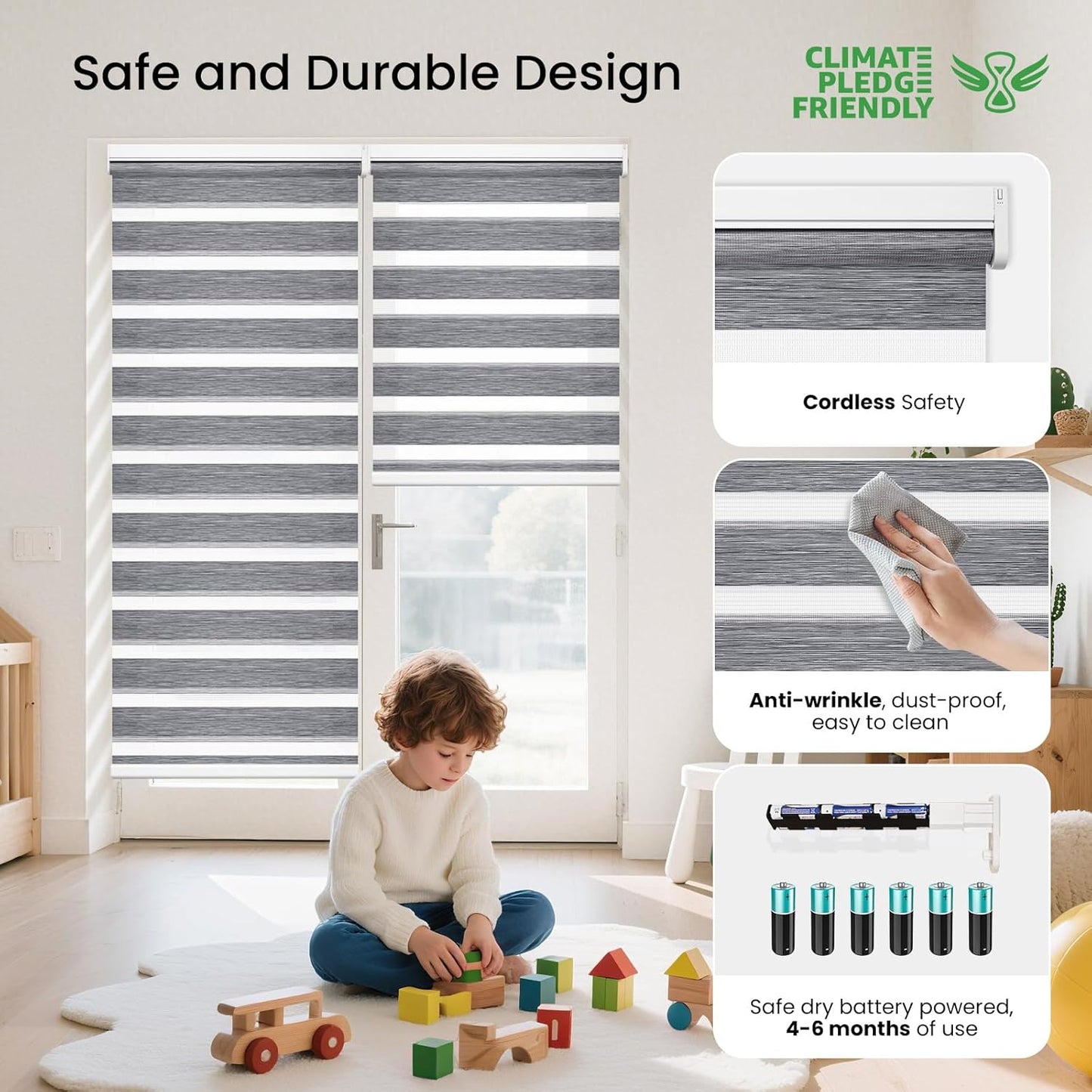 Grandekor Motorized Zebra Blinds with Remote Control,Smart Zebra Blinds for Windows,Electric Zebra Shades, Hemp Grey,27" W x 72" H