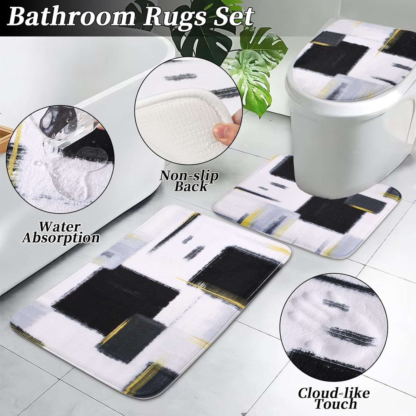 Bathroom Set - Black Bathroom Accessories Set, Bathroom Sets with Shower Curtain and Rugs, Black Shower Curtain Set with Bathroom Trash Can, Soap Dispenser, Soap Dish for Home Decor