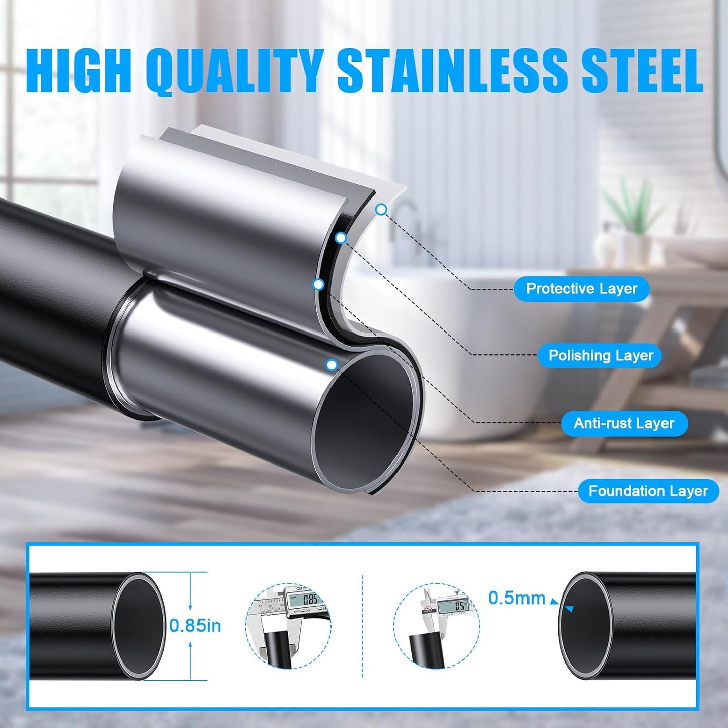 TEECK Shower Curtain Rod, 32-43 inch Adjustable Spring Tension Curtain Rod, Never Rust Anti-Slip Shower Curtain Rod for Bathroom, No Drilling, Never Collapse, Easy to Use, Black