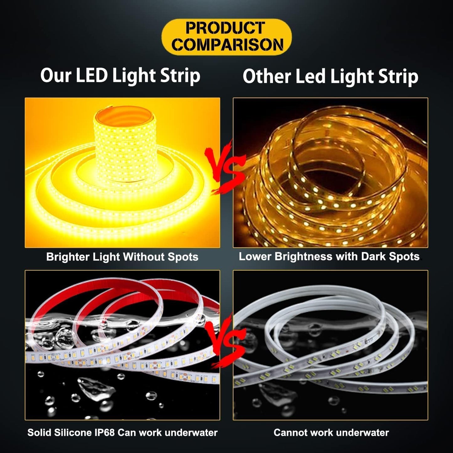 YM E-Bright Led Strip Lights Waterproof IP68 Flexible Amber Yellow Strip Lights Exterior Interior 16.4Ft 600SMD for Home Bedroom Party Holiday Neon Decoration Stage Marine Lights (No Power Adapter)