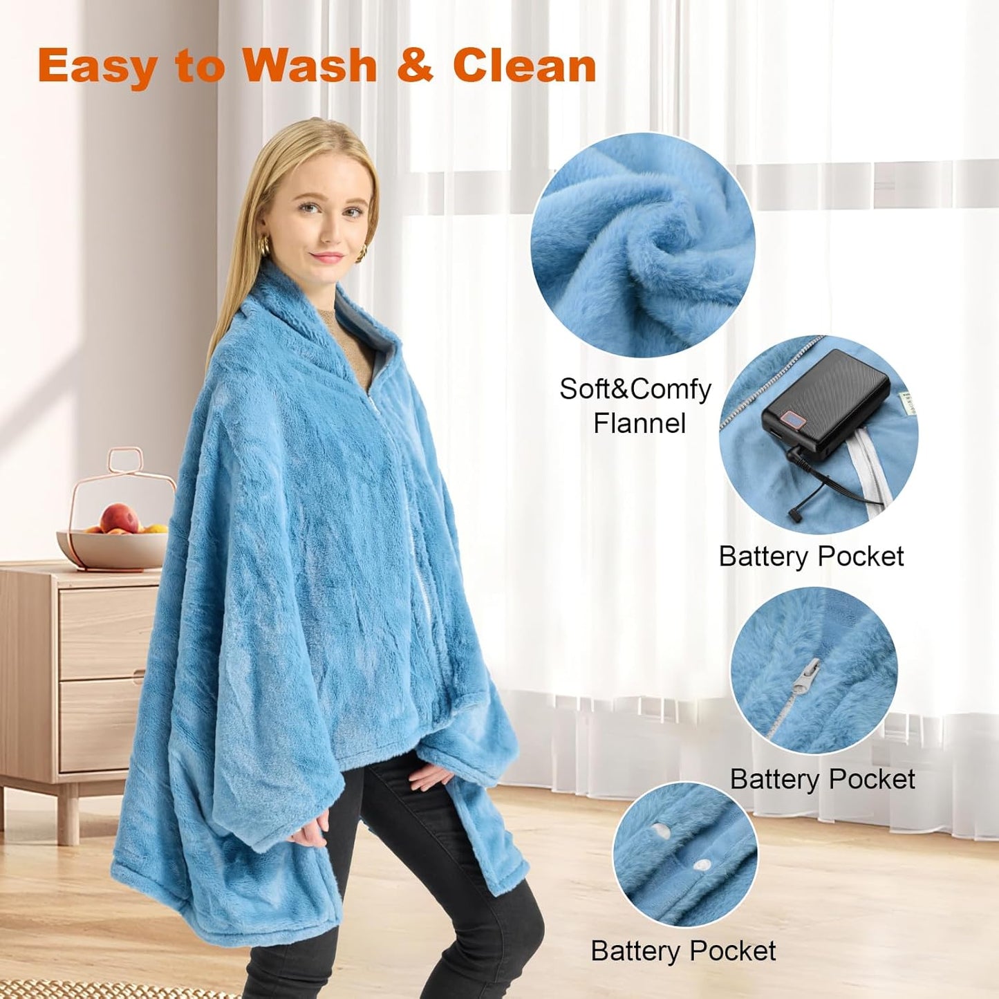 Graphene Heated Blanket Battery Operated, 20000mAh Battery 7.4V Fast Heating Blanket 70''x 35'' Portable Heated Shawl with Fleece Lining, Cordless Heated Shawl, Gift for Women (Blue)